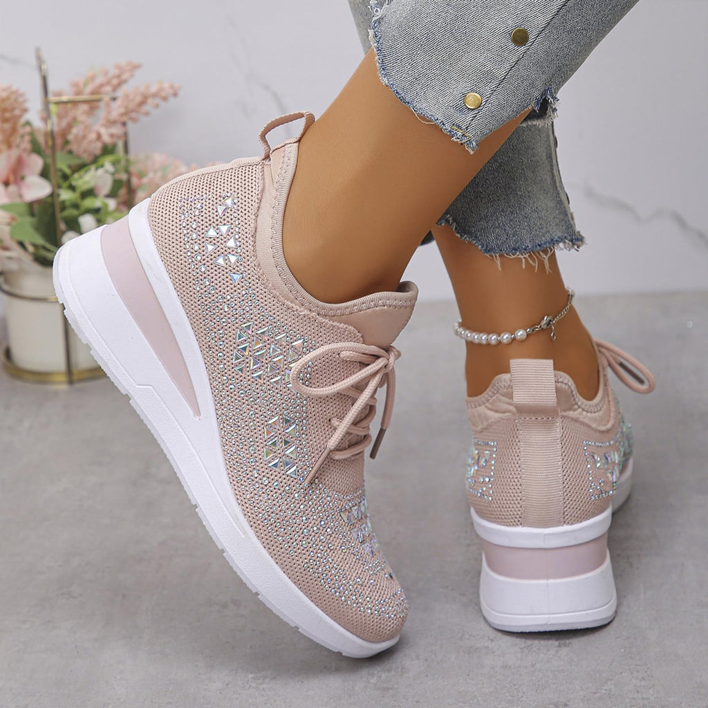 Glitter Rhinestone Wedge Sneakers with Lace-Up for Women Fashion Shiny Sequin Comfort Orthopedic Breathable Mesh Round Toe Soft Sole Tennis Walking Shoes