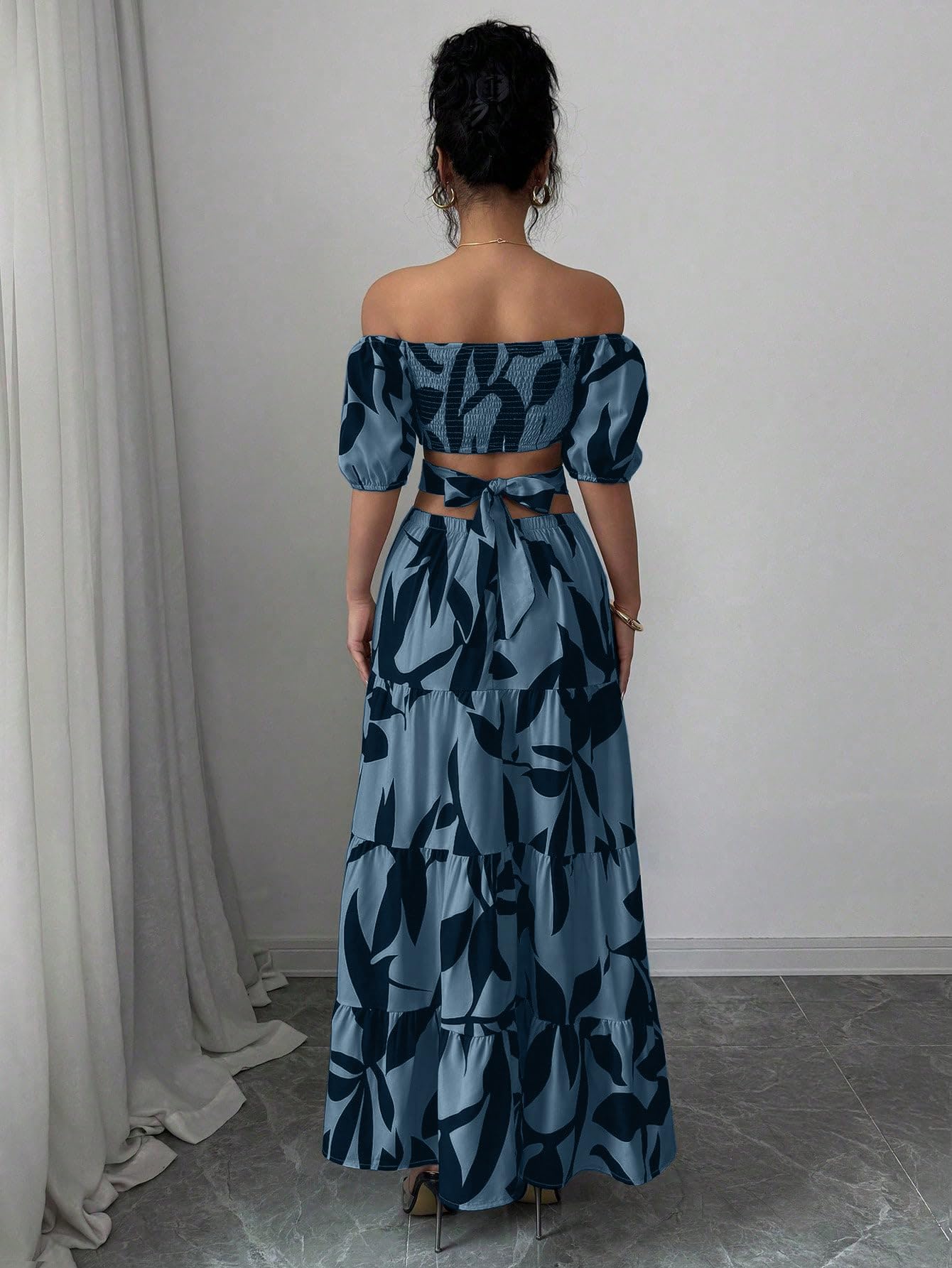 Women's Boho Off The Shoulder Short Sleeve Maxi Dresses Casual Summer Tiered Ruffle Swing Cut Out Flowy Dress