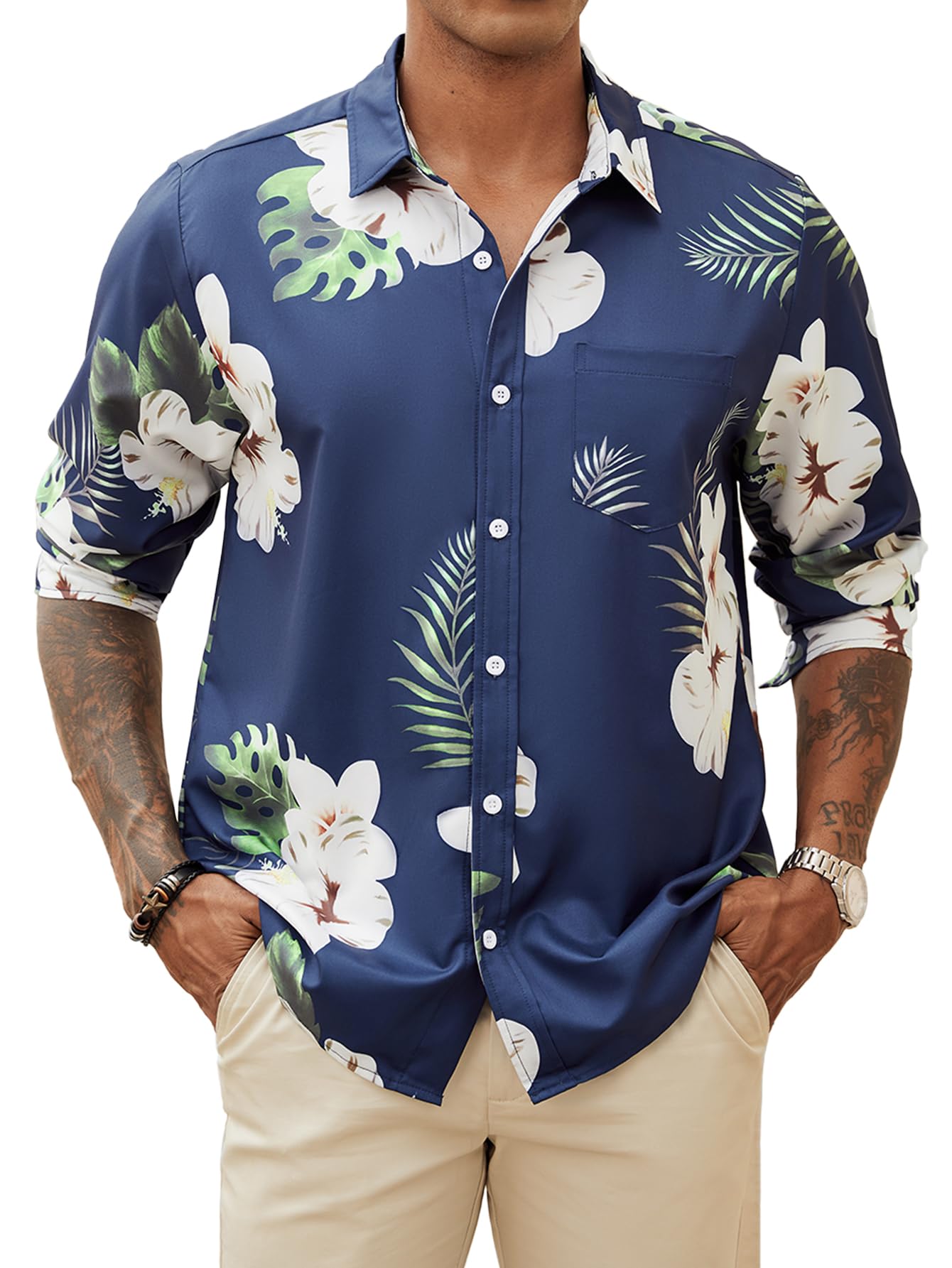 Hardaddy Men's Tropical Floral Button Down Long Sleeve Hawaiian Shirt Flower Printed Beach Shirts