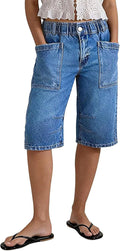Flamingals Straight Leg High Rise Denim Bermuda Shorts | Elastic Trendy Jean Shorts with Patch Pockets, Bermuda Shorts for Women, High Waist, Denim Fabric