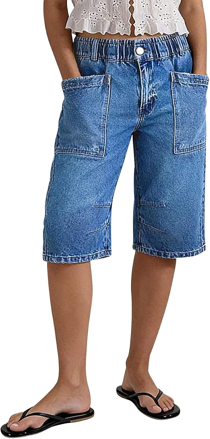 Flamingals Straight Leg High Rise Denim Bermuda Shorts | Elastic Trendy Jean Shorts with Patch Pockets, Bermuda Shorts for Women, High Waist, Denim Fabric