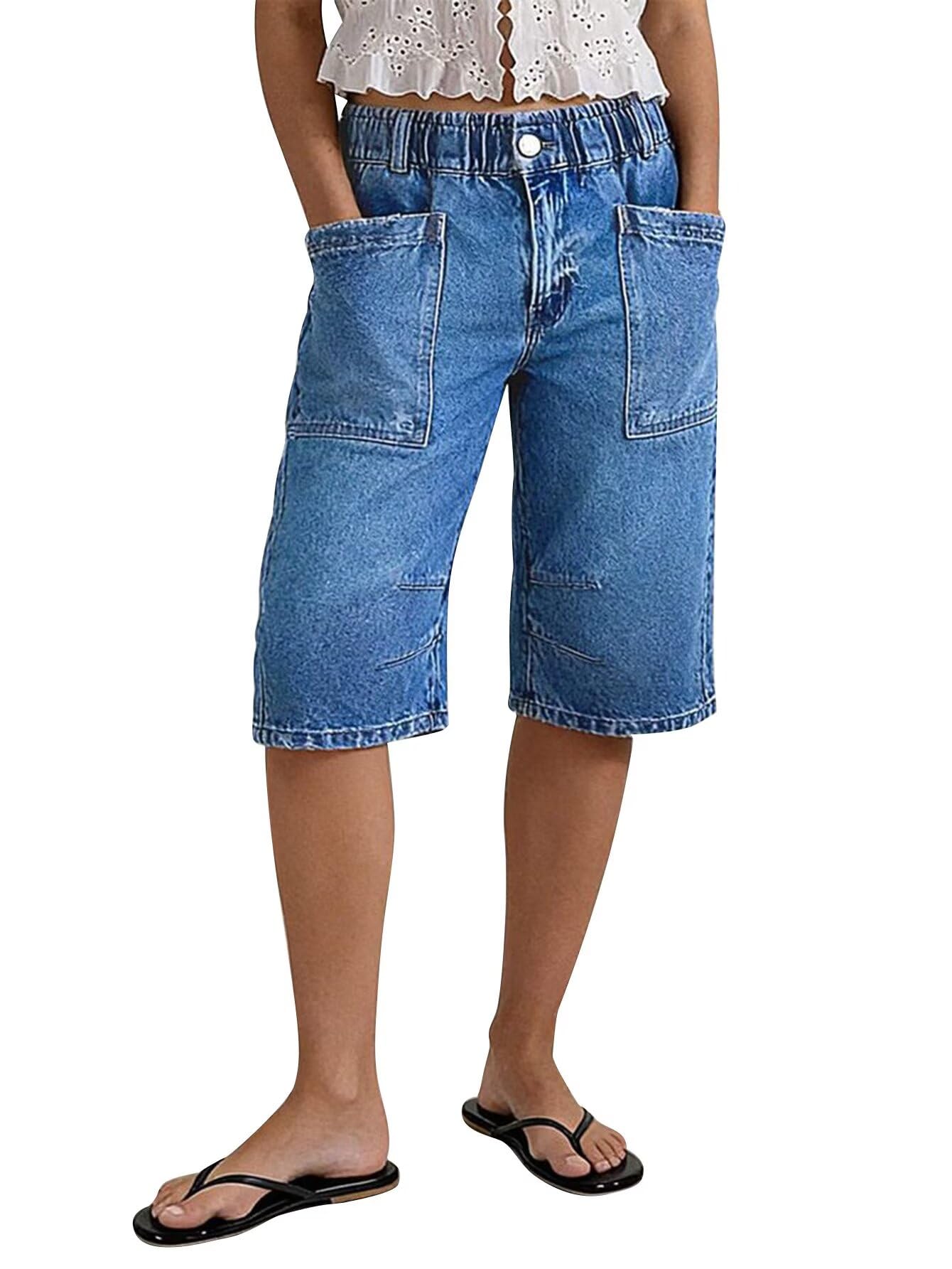 Flamingals Straight Leg High Rise Denim Bermuda Shorts | Elastic Trendy Jean Shorts with Patch Pockets, Bermuda Shorts for Women, High Waist, Denim Fabric