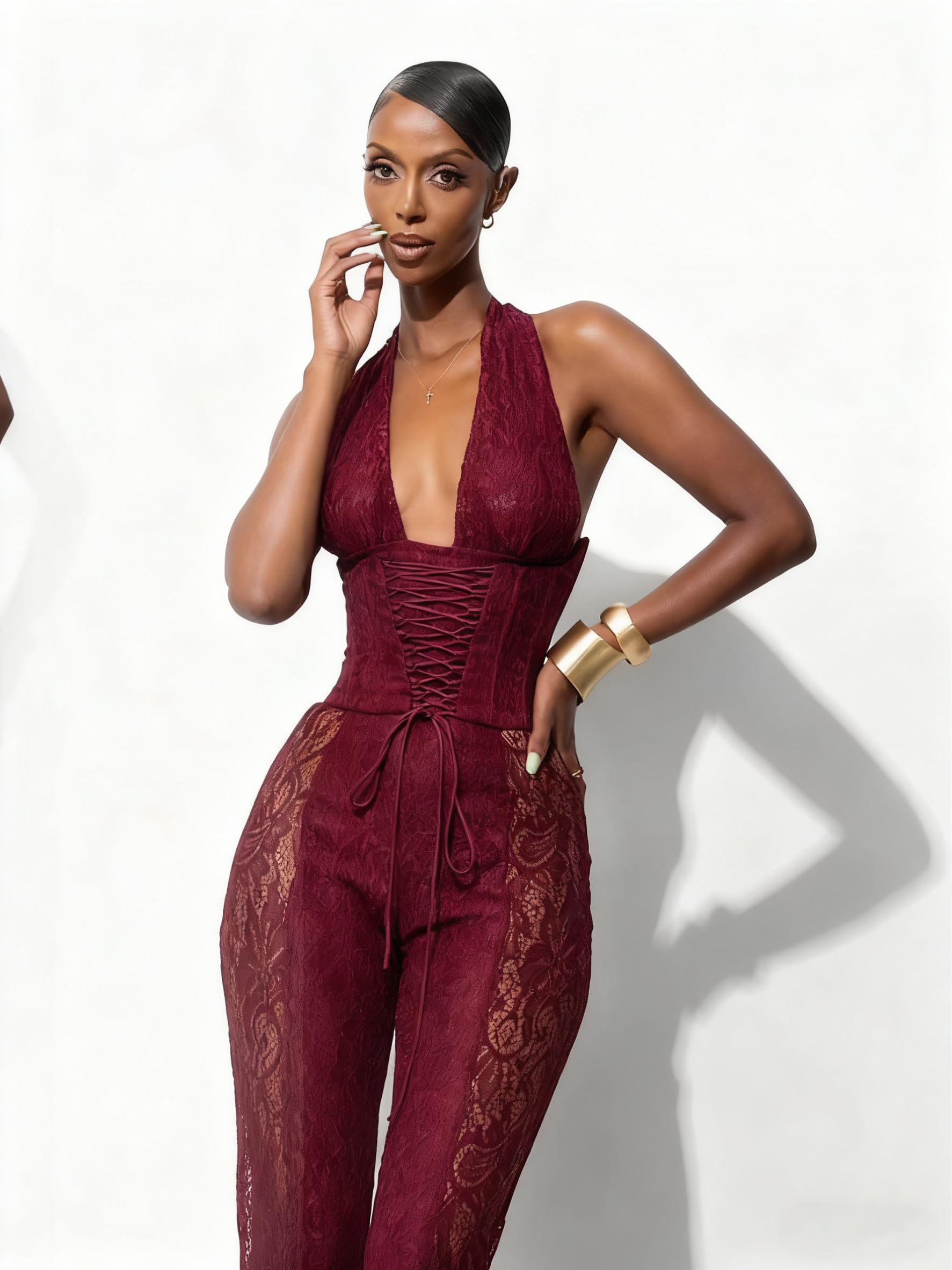 Wuitrie Lace Jumpsuits for Women Sexy See Through Deep V Neck Halter Tops and Flare Pant One Piece Romper Party Club Outfits