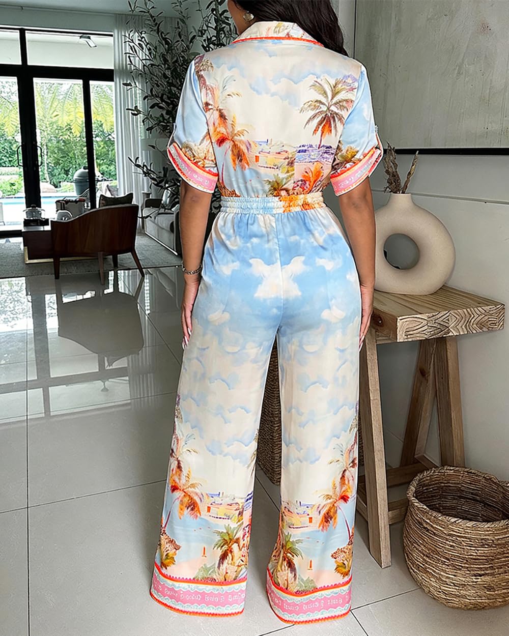 CHICME Womens Jumpsuit Boho Floral Wide Leg Vacation Outfit | Long Pant Rompers with Pockets,Roll Up Short Sleeve,Button Front,Drawstring High Waist,One Piece,Casual,Summer Beach