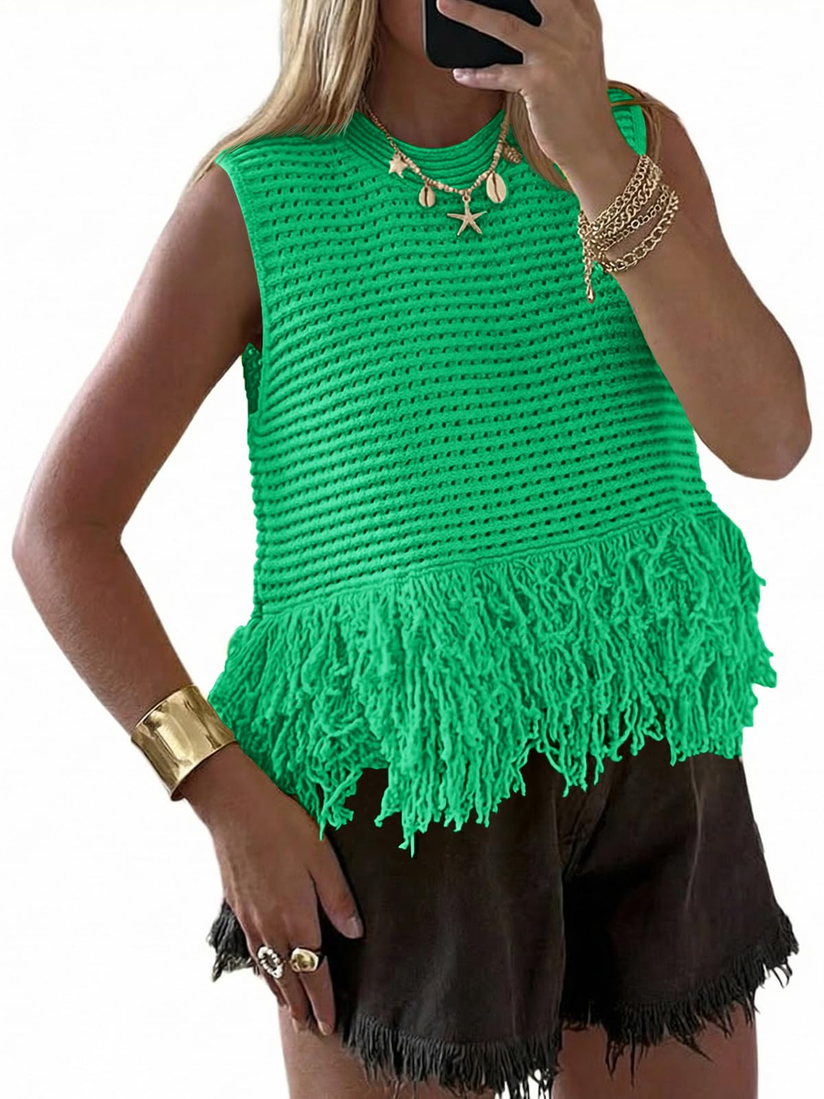 Saodimallsu Womens Crochet Crop Tank Tops Fringe Boho Summer Sweater Vest | Sleeveless,Crew Neck,Soft Knit,Summer Going Out Top,Resort Wear,Beach Vacation Outfits,Spring Fashion