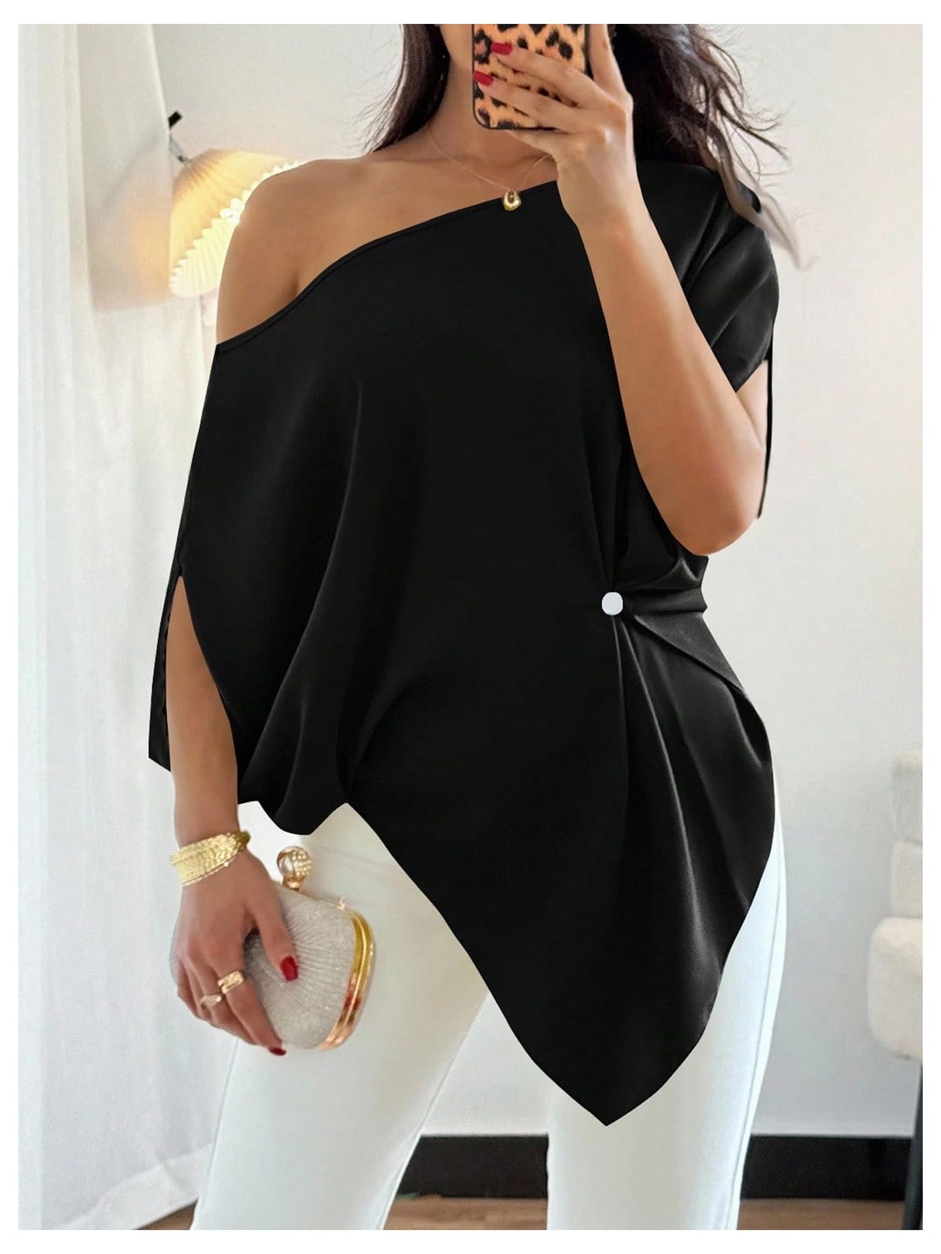 SHENHE Women's Off Shoulder Dolman Sleeve Blouses Asymmetrical Flowy Tops | Casual, Loose, Blouses With Waist Pleats, Asymmetrical, Elegant