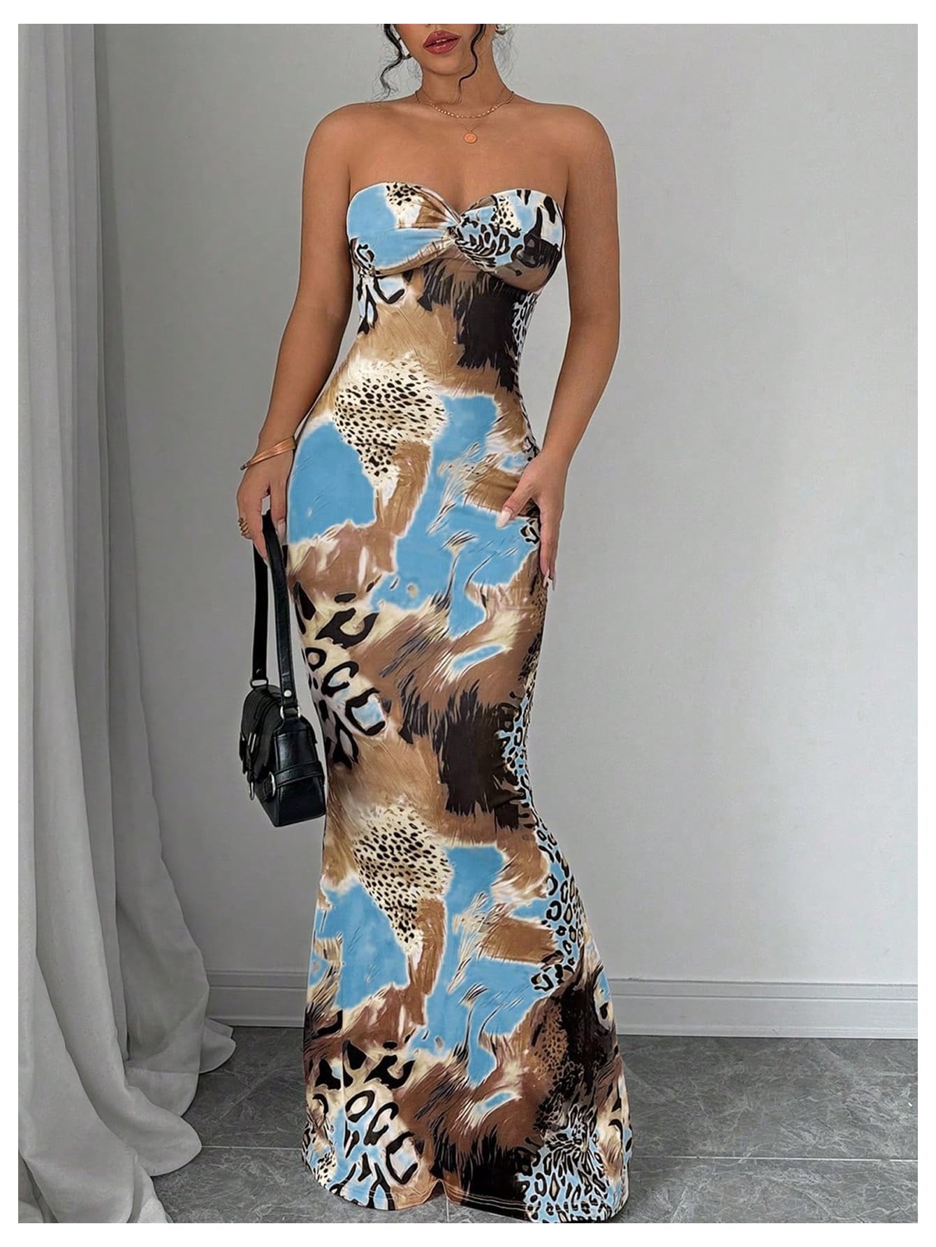 GORGLITTER Women's Leopard Print Strapless Maxi Dress Cheetah Print Outfits | Tube Top Dress, Bodycon, Animal Leopard Print, Fishtail, Maxi Dresses for Vacation, Prom, Party