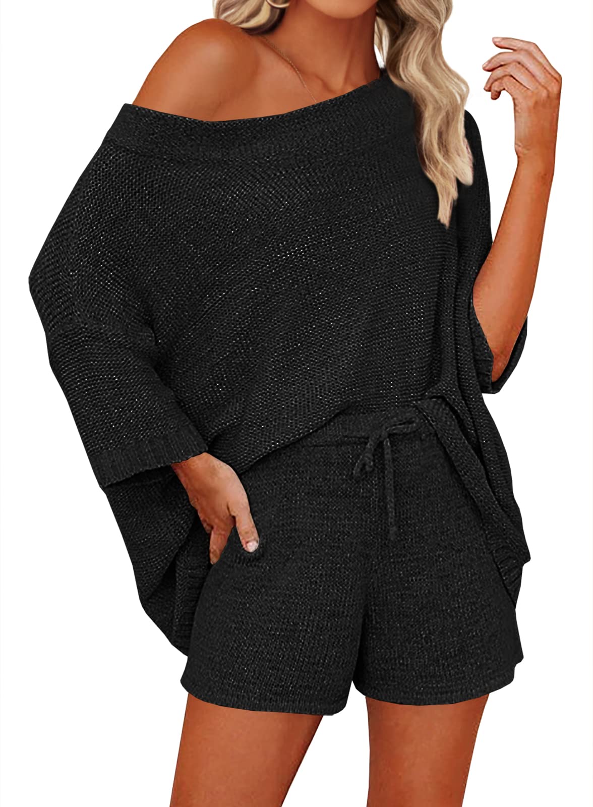 Mafulus Women's 2 Piece Outfits Sweater Sets Off Shoulder Knit Top Shorts Matching Suits Cute Pajama Lounge Set