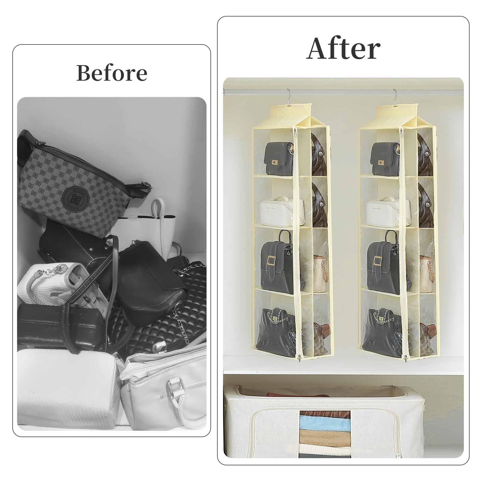 8 Grids in 1 Rotatable Hanging Purse Handbag Organizer with Double Zippers, Visible Purse Organizer for Closet, Fully Enclosed Handbag Storage Holder