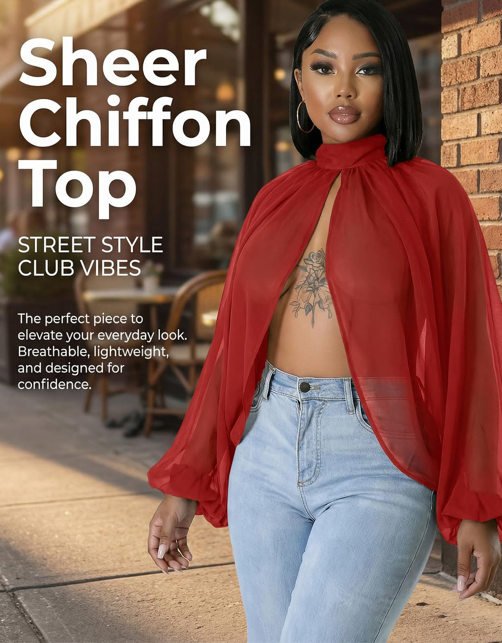 acelyn Women's Sexy See Through Chiffon Sheer Blouses Tops | Lantern Sleeve, Front Back Open, High Neck, Self Tie, Shawl Casual Shirts,Blouses Tops