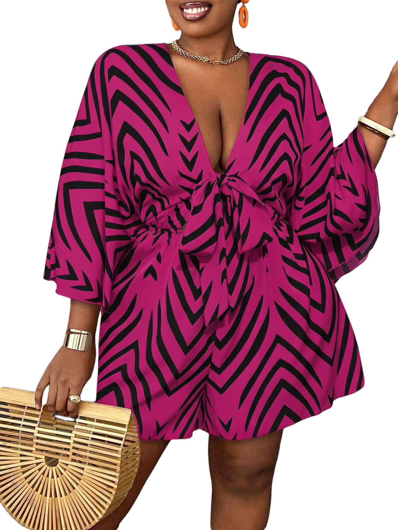 SOLY HUX Women's Plus Size Striped Tie Front Short Jumpsuit | V Neck, 3/4 Sleeve, Loose, Romper