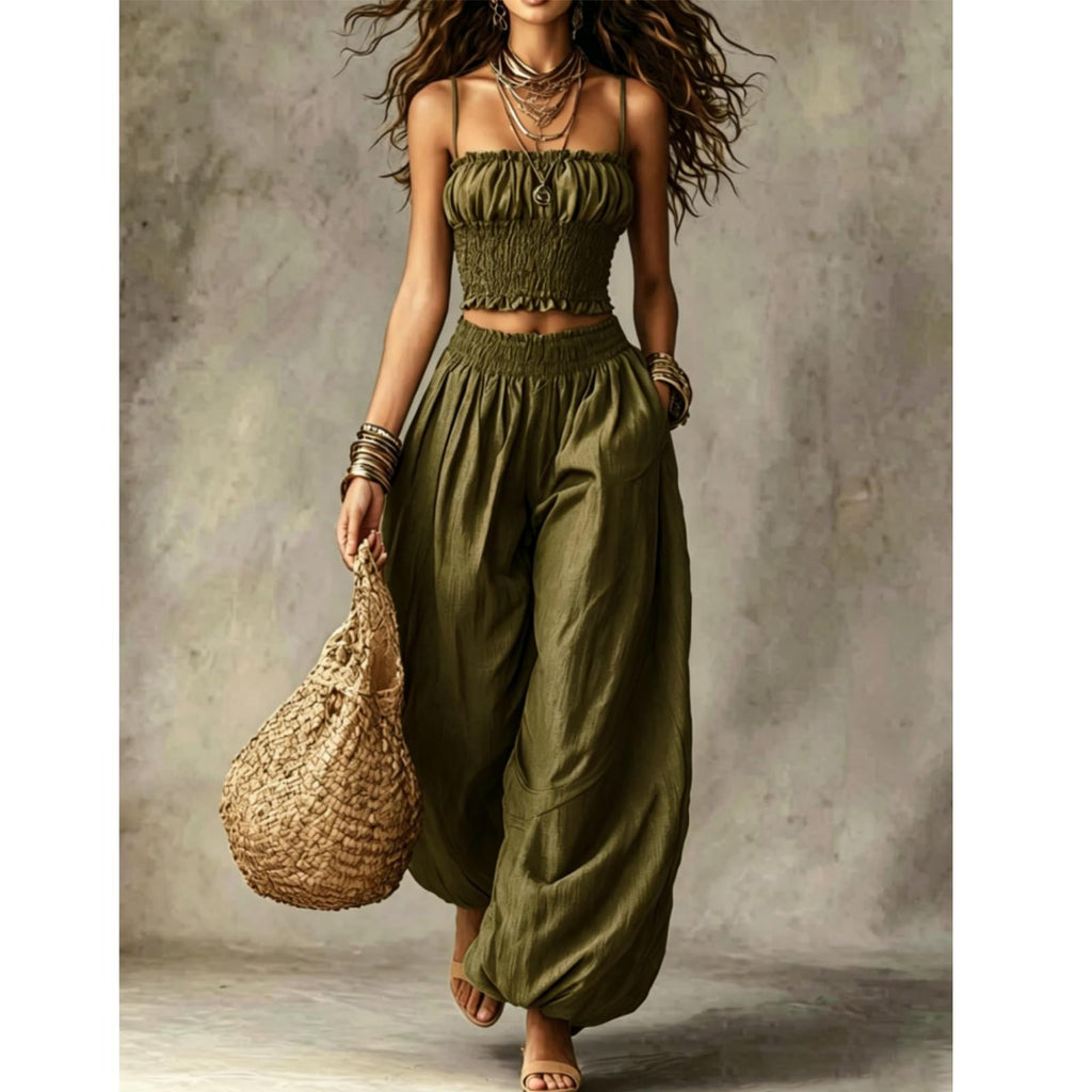 2 Piece Outfit for Women Sleeveless Crop Top and Wide Leg Pants Set Summer Loose Smocked Casual Beach Matching Sets