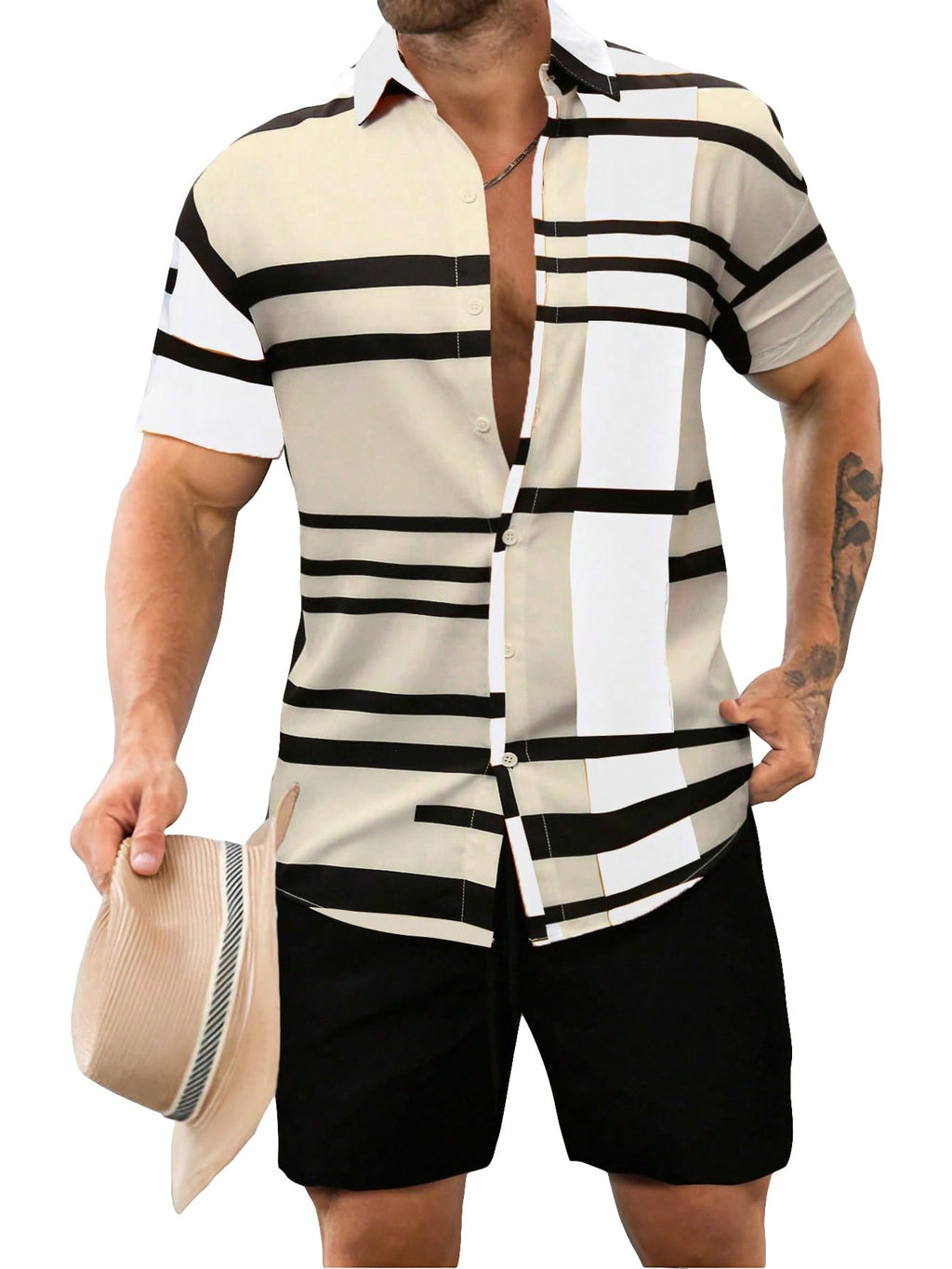 WDIRARA Men's 2 Piece Outfits Button Down Short Sleeve Collared Shirt and Shorts Set