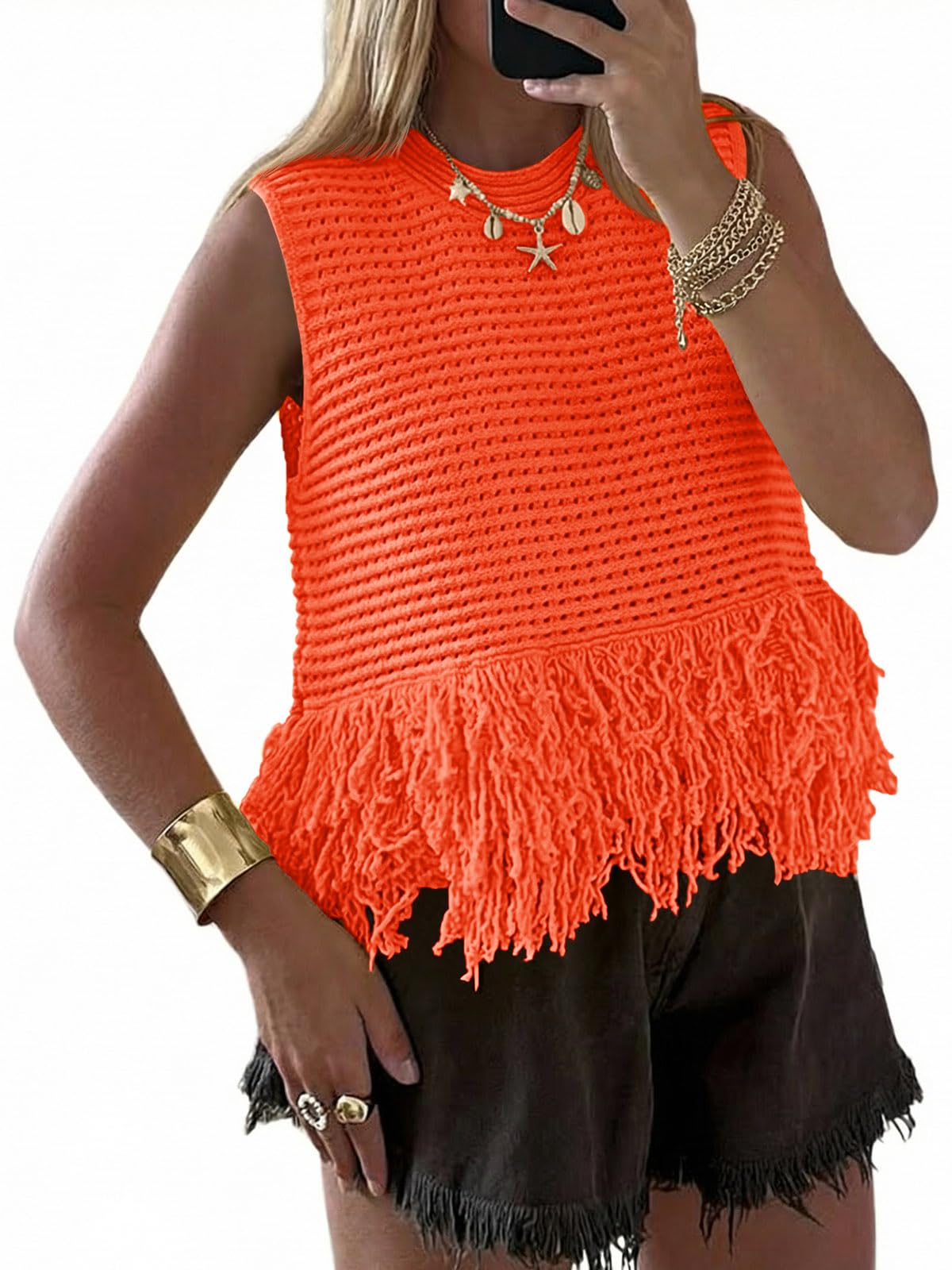 Saodimallsu Womens Crochet Crop Tank Tops Fringe Boho Summer Sweater Vest | Sleeveless,Crew Neck,Soft Knit,Summer Going Out Top,Resort Wear,Beach Vacation Outfits,Spring Fashion
