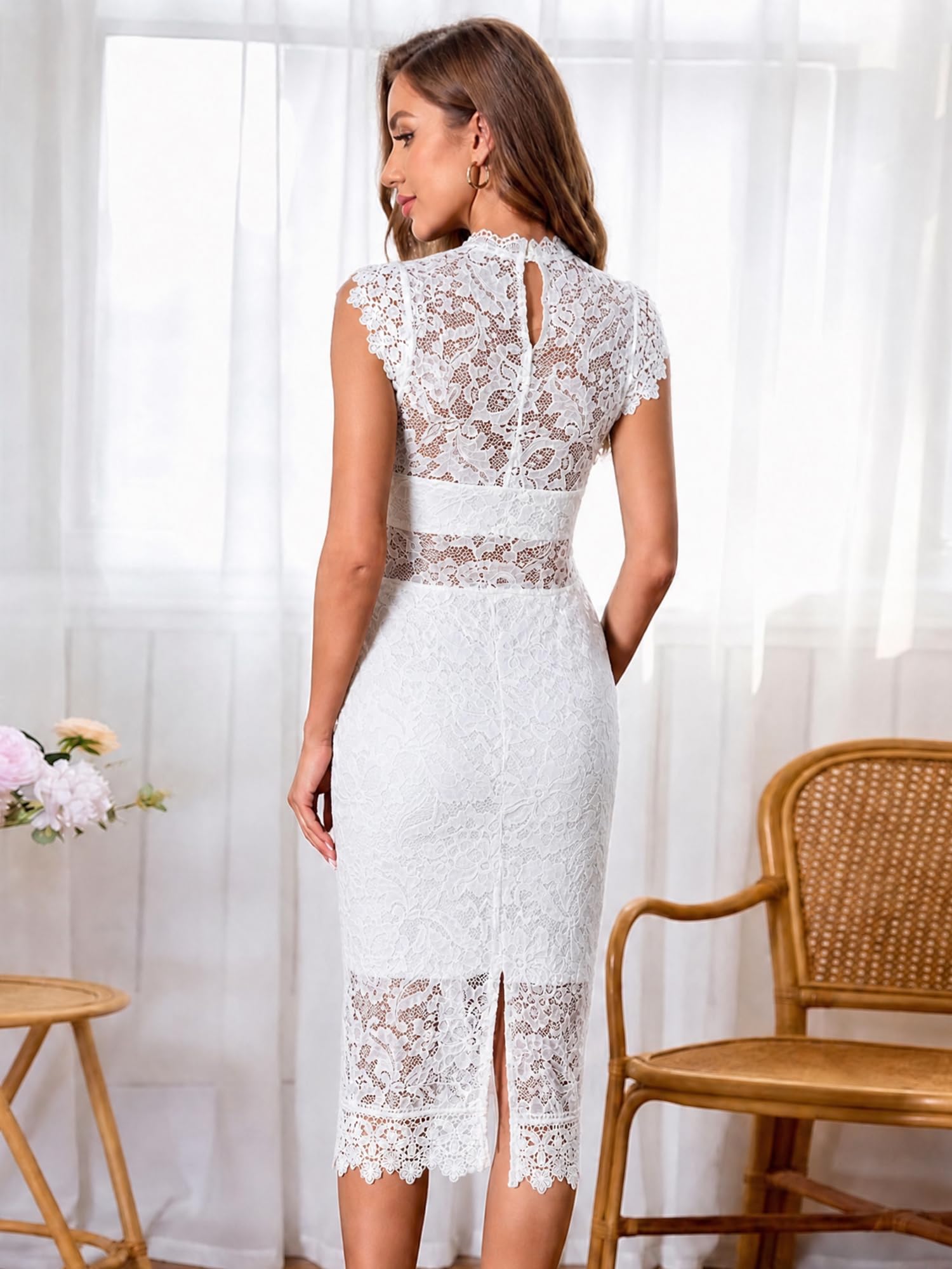 Women's Lace Floral Cocktail Wedding Guest Elegant Formal Dresses | Elegant Sleeveless, Crew Neck, Slim Sheath Midi Dress, Full Lace, Classy, Tea Party, Bridesmaid Event, Mother of the Bride