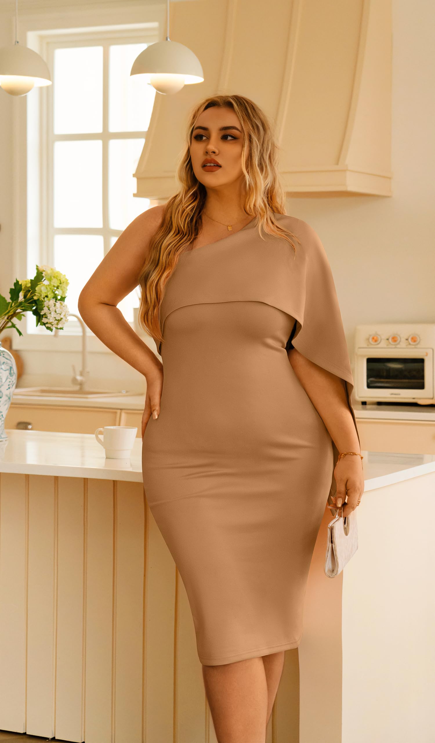 GOBLES Women's Asymmetrical One Shoulder Cape Bodycon Midi Dress | Elegant, Party, Cocktail