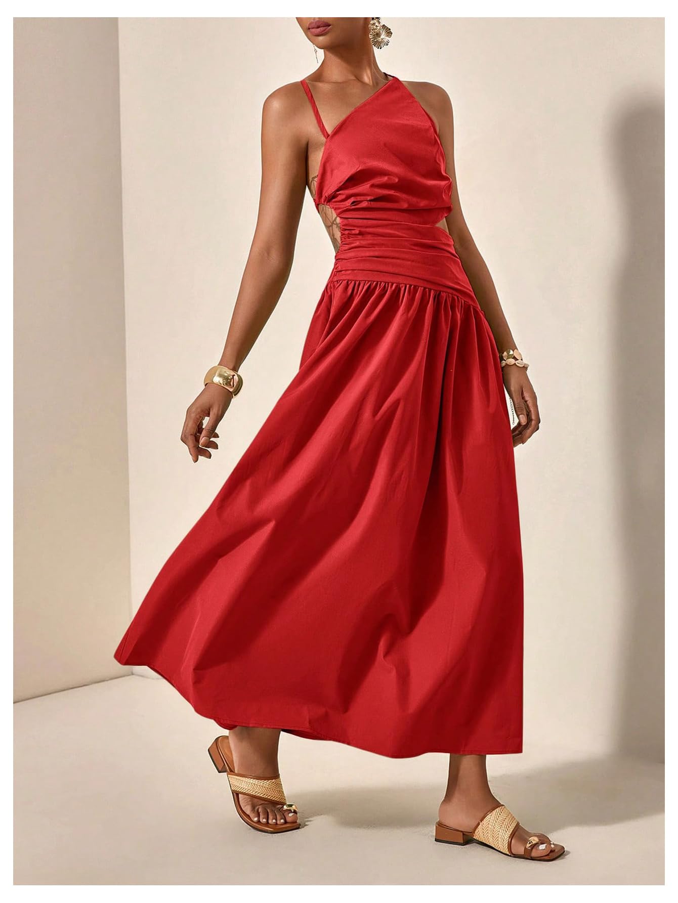 Milumia Women's Cut Out Asymmetrical Maxi Dress Open Back Summer Dresses | Spaghetti Strap, Tie Backless, Ruffle, Summer Vacation, Going Out, Sundress