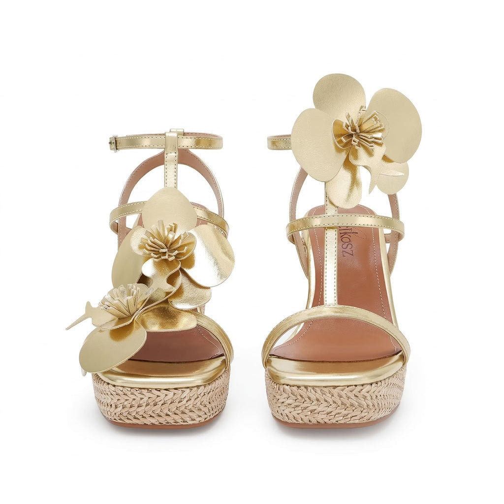 LACIKOS Flowers Wedge Sandals For Women Strappy Raffia Platform Heels | Comfortable Open Toe Espadrilles Casual Ankle Wrap Beach Vacation Wedding