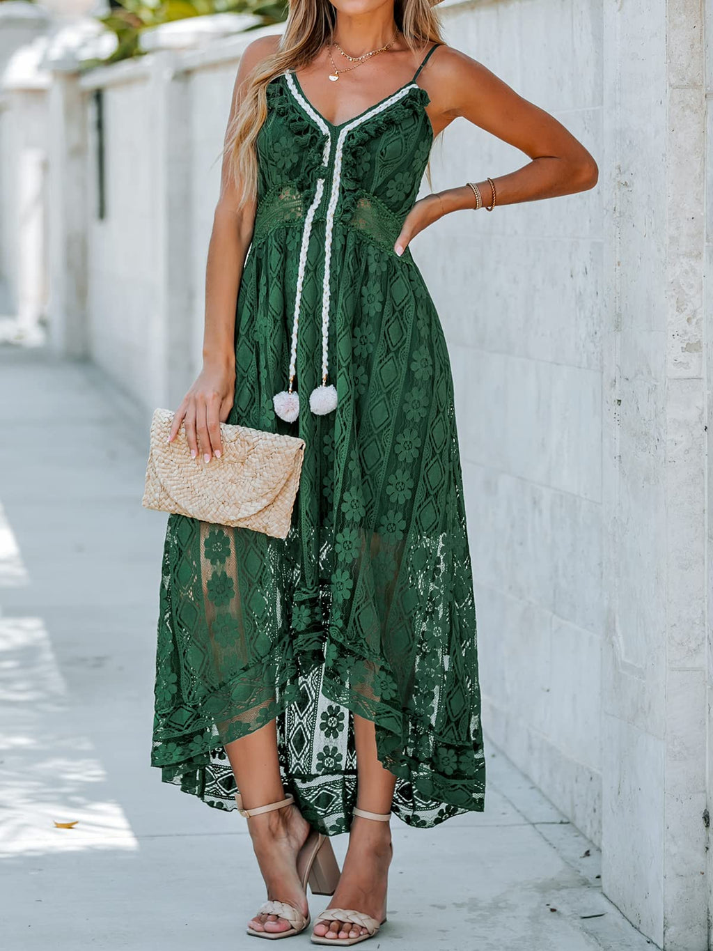 CUPSHE Womens Lace Summer Maxi Dresses 2026 Beach Wear | V Neck Spaghetti Straps Sundress, Tassel, Boho Pom Poms, Flowy Vacation Outfits, Resort Wear, Graduation Wedding Guest Looks