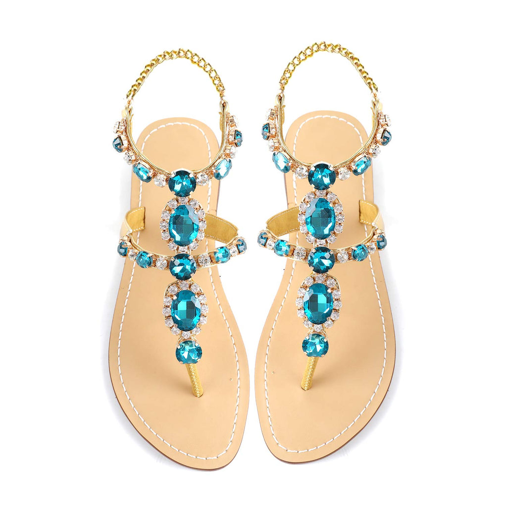 ZhuLinFeng Women'S Rhinestone Gladiator Sandals Flat Wedding Sandals Gem Pearl Sparkling Bridal Bridesmaid Sandals Blue Bohemian Sandals