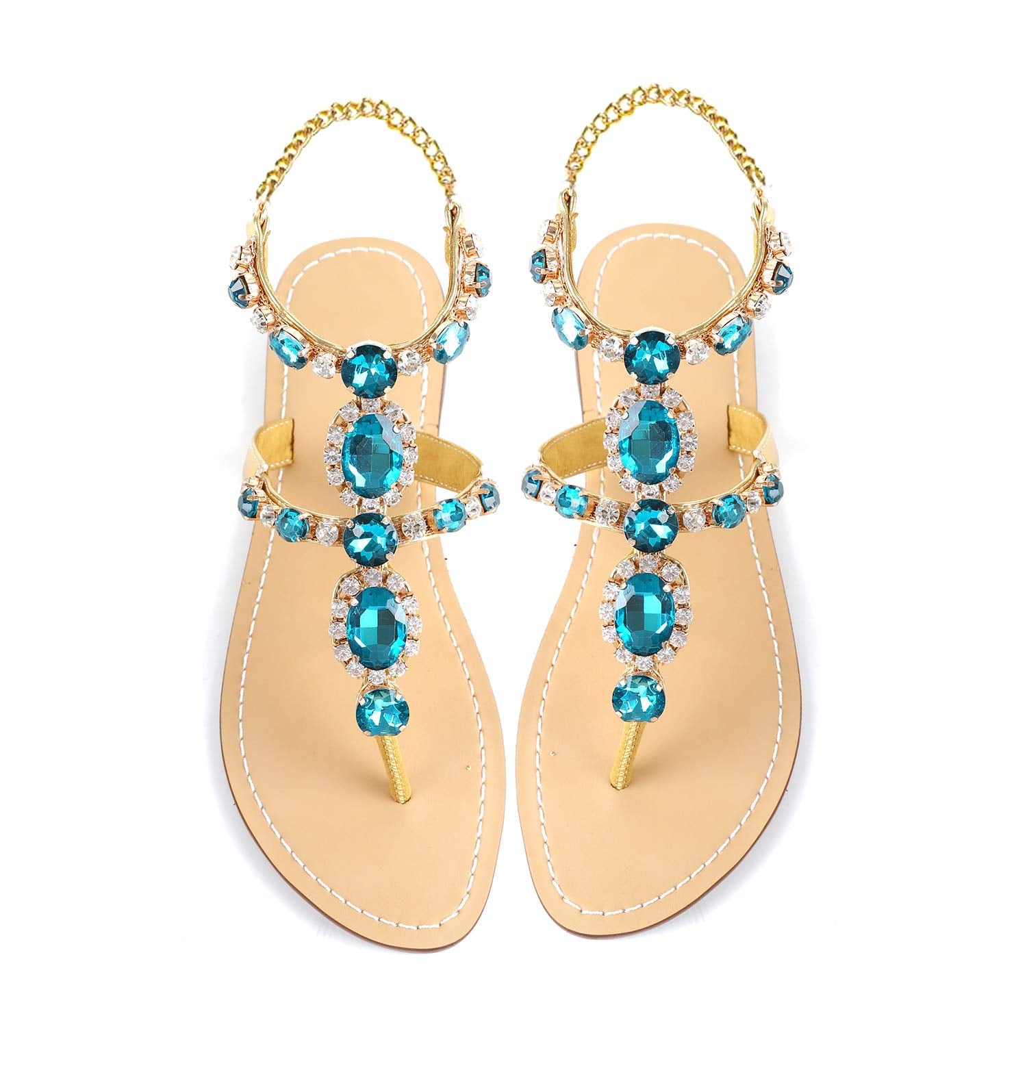 ZhuLinFeng Women'S Rhinestone Gladiator Sandals Flat Wedding Sandals Gem Pearl Sparkling Bridal Bridesmaid Sandals Blue Bohemian Sandals