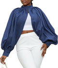 LETSVDO Women's Sexy Denim Crop Top Mock Neck Backless Puff Sleeve Open Front Bolero Shrug Asymmetrical Jean Blouse 2023