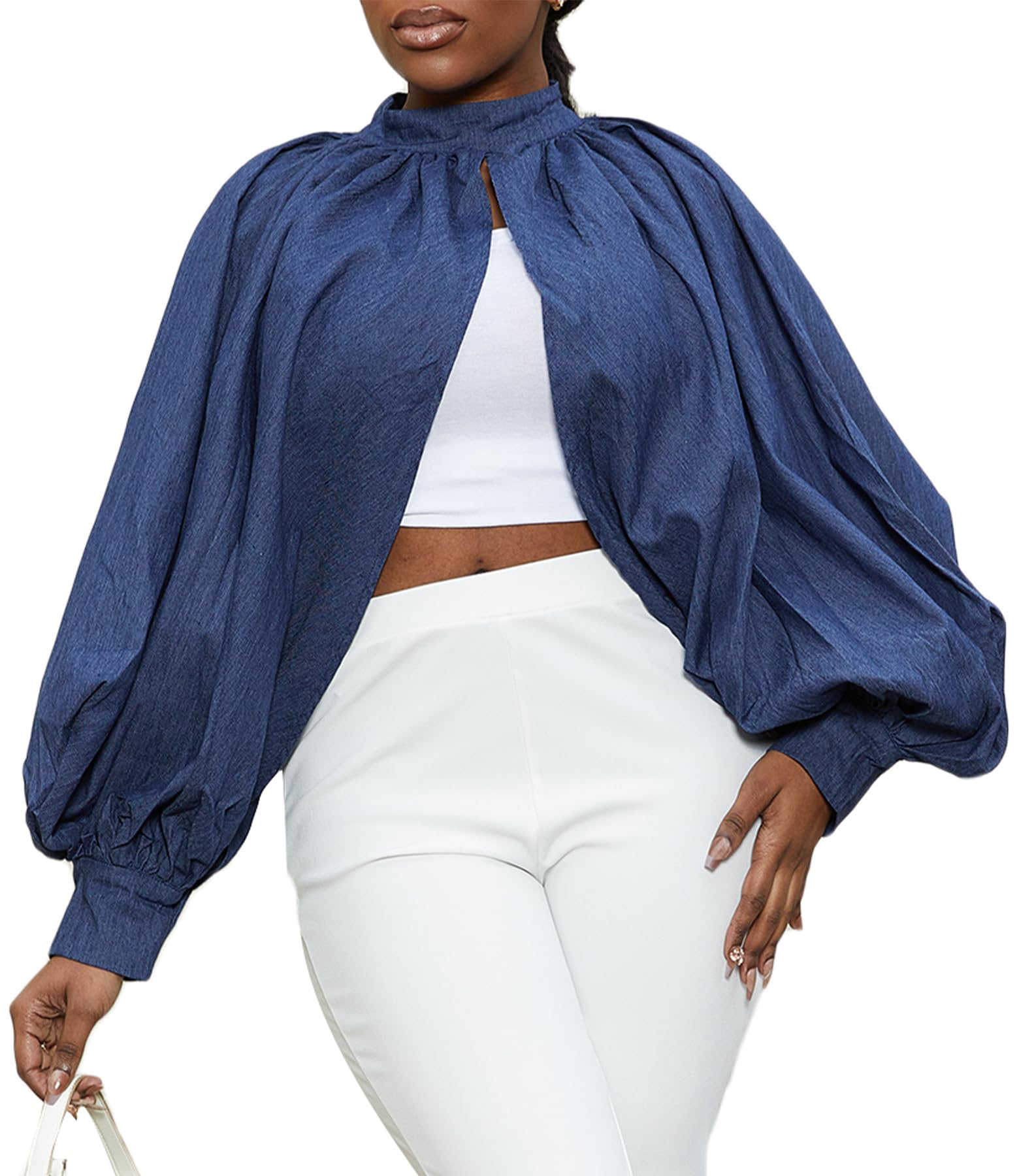 LETSVDO Women's Sexy Denim Crop Top Mock Neck Backless Puff Sleeve Open Front Bolero Shrug Asymmetrical Jean Blouse 2023