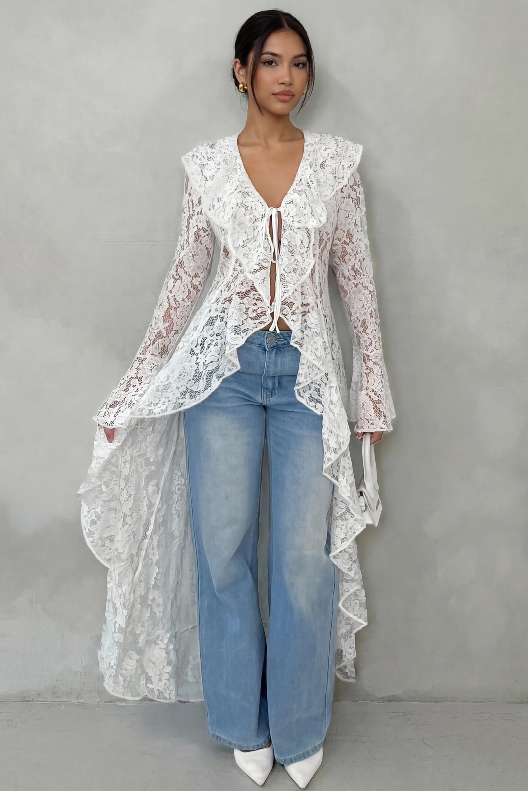 Lace Cardigan for Women Maxi Summer Lightweight Open Front Tie Bell Long Sleeve Ruffled Tops Duster Swimsuit Cover Up