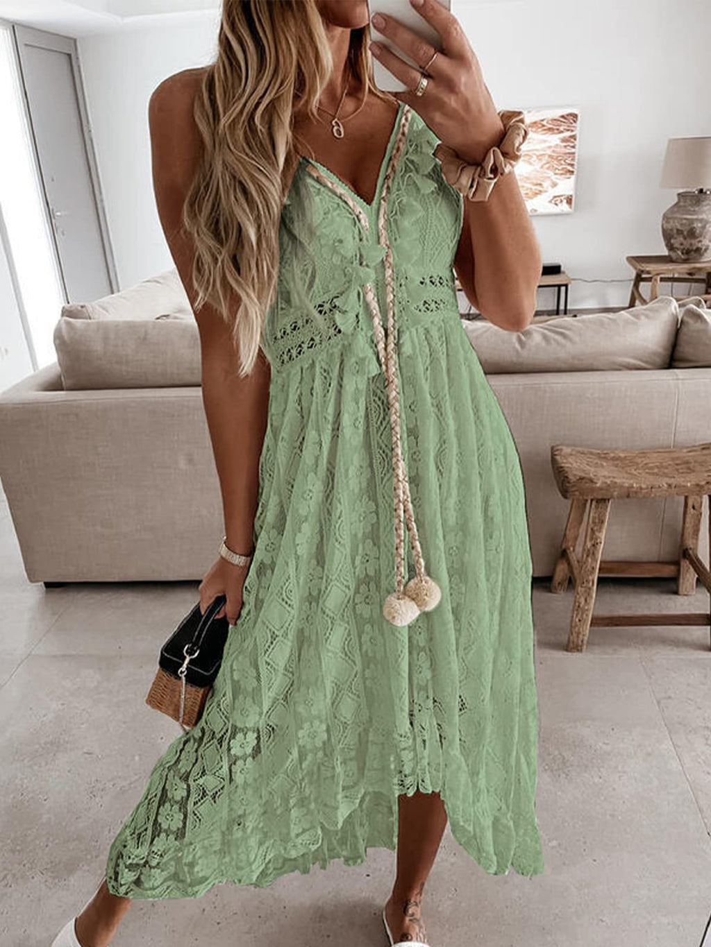 CUPSHE Womens Lace Summer Maxi Dresses 2026 Beach Wear | V Neck Spaghetti Straps Sundress, Tassel, Boho Pom Poms, Flowy Vacation Outfits, Resort Wear, Graduation Wedding Guest Looks
