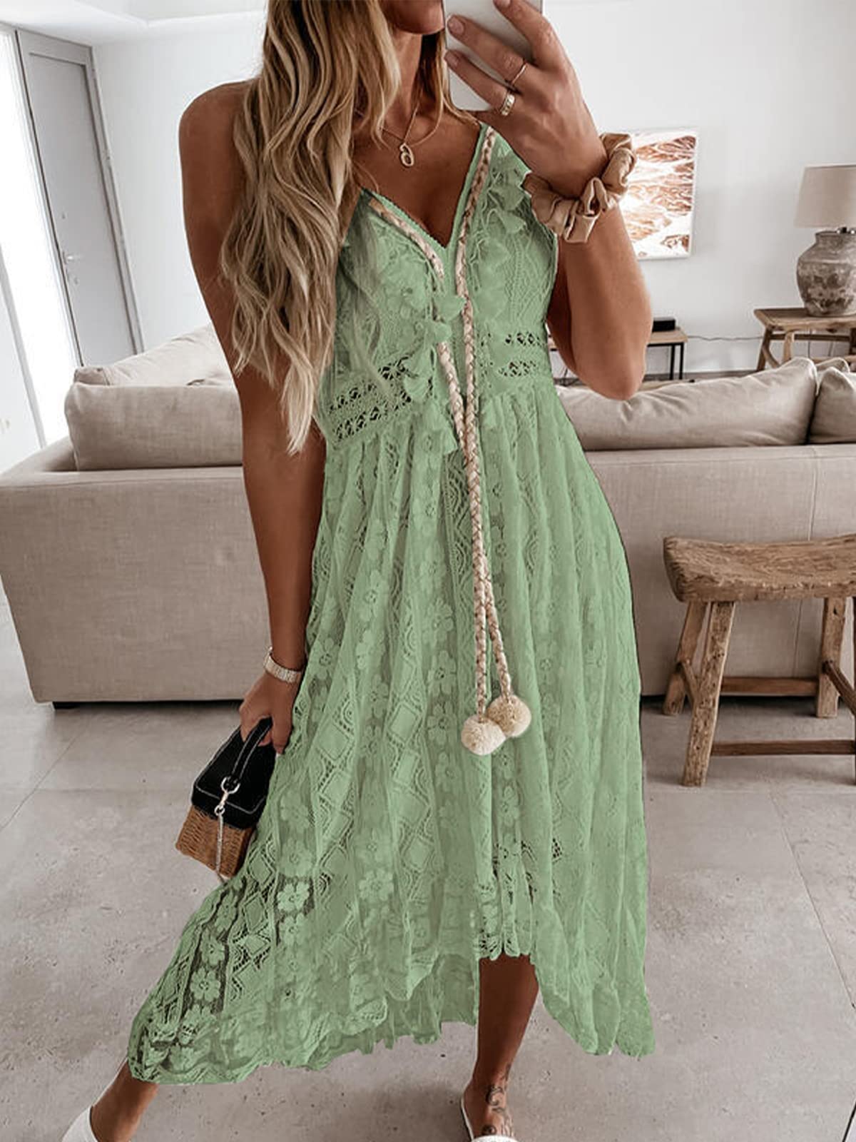 CUPSHE Womens Lace Summer Maxi Dresses 2026 Beach Wear | V Neck Spaghetti Straps Sundress, Tassel, Boho Pom Poms, Flowy Vacation Outfits, Resort Wear, Graduation Wedding Guest Looks