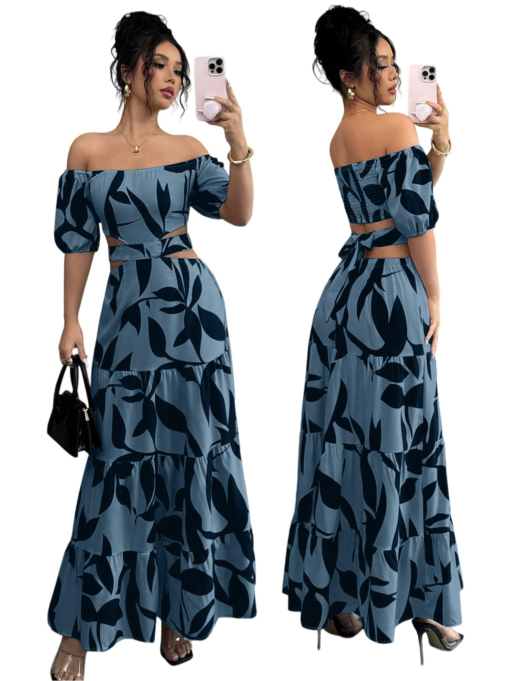 Women's Boho Off The Shoulder Short Sleeve Maxi Dresses Casual Summer Tiered Ruffle Swing Cut Out Flowy Dress