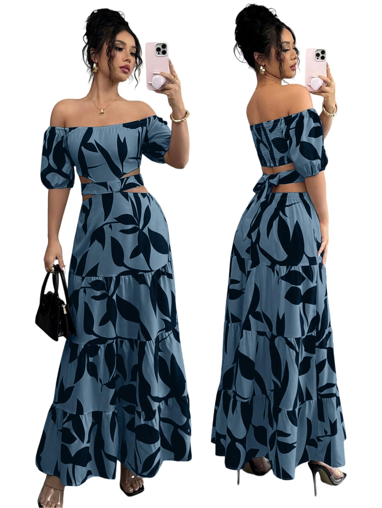 Women's Boho Off The Shoulder Short Sleeve Maxi Dresses Casual Summer Tiered Ruffle Swing Cut Out Flowy Dress