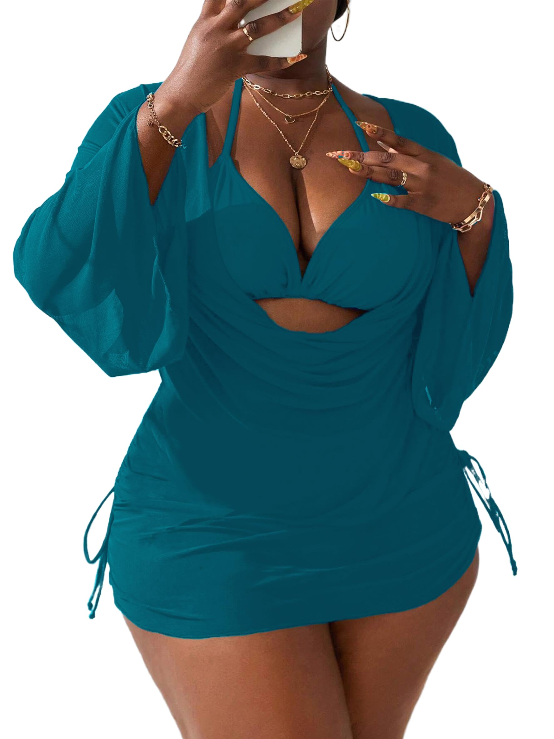 Women's Plus Size Halter String Triangle Bikini Sets 3 Piece Swimsuits with Side Ruched Drawstring Cover Up