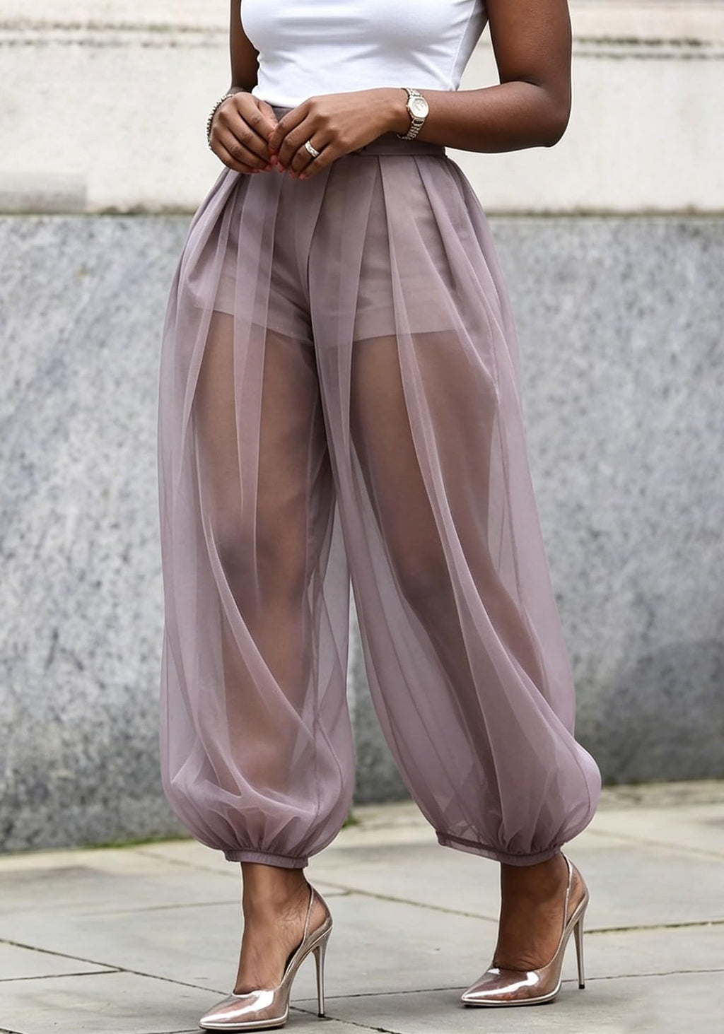 Molisry Women Sheer Mesh Pants Bubble Tulle Patchwork Pants Balloon Trouser | Loose Fit Cover Up Trousers,Built In Shorts Lining
