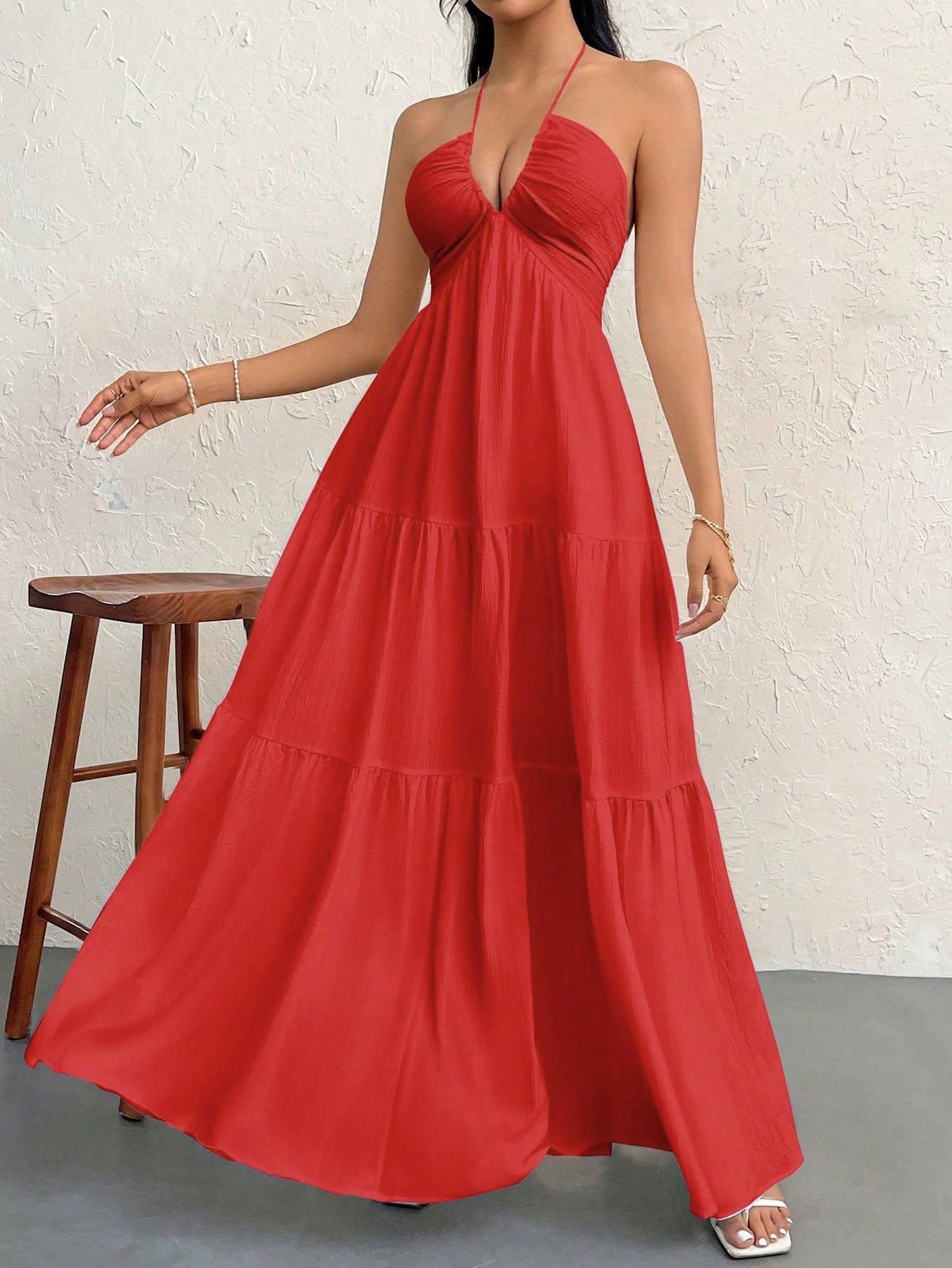 Narecte Women's Maxi Summer Dresses Halter V Neck Beach Dresses for Women A-Line Casual Dress for Vacation