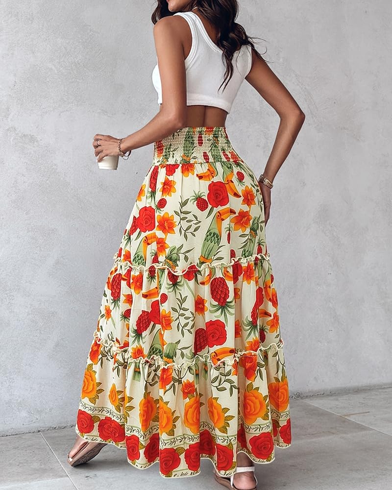 CHICME Women's Boho Floral Summer Maxi Skirt with Pockets Vacation Outfit | Shirred High Waist, Ruffle Hem, Lightweight Comfortable Fabric, A-Line Long Flowy Skirt for Beach, Travel & Daily Wear
