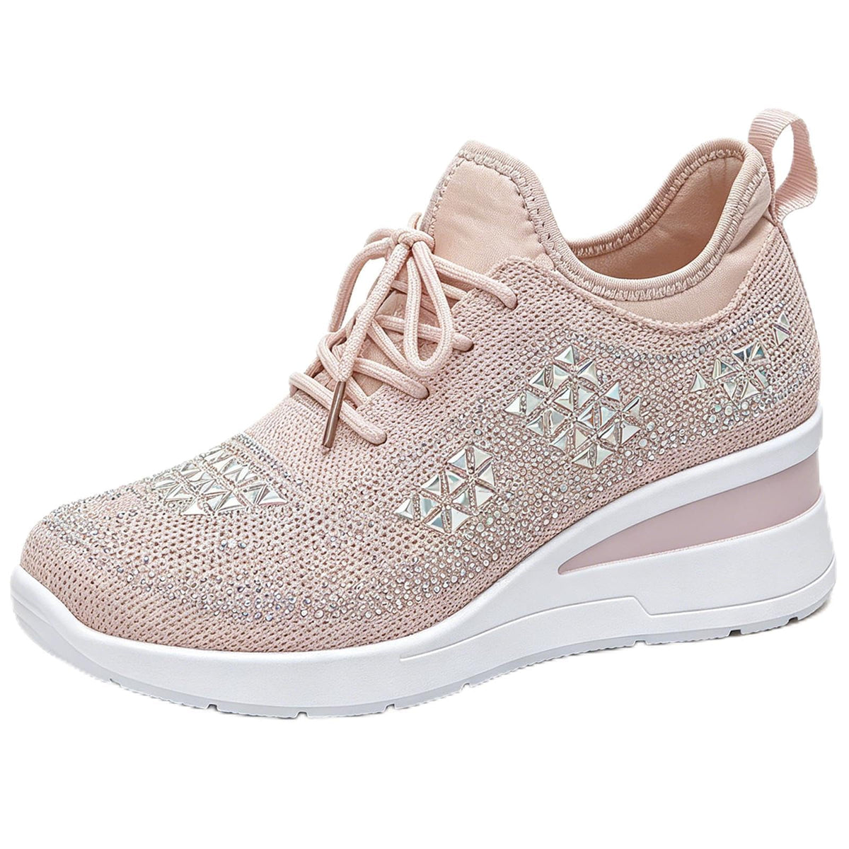 Glitter Rhinestone Wedge Sneakers with Lace-Up for Women Fashion Shiny Sequin Comfort Orthopedic Breathable Mesh Round Toe Soft Sole Tennis Walking Shoes