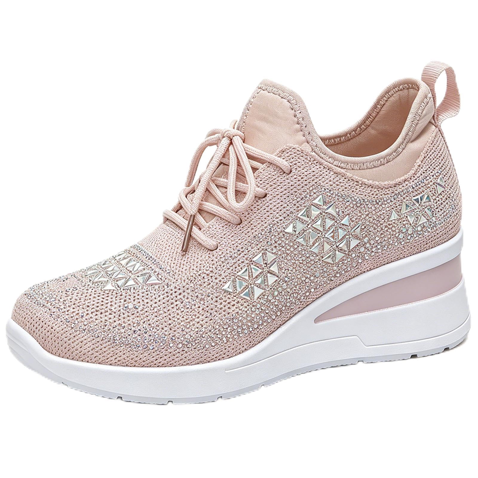 Glitter Rhinestone Wedge Sneakers with Lace-Up for Women Fashion Shiny Sequin Comfort Orthopedic Breathable Mesh Round Toe Soft Sole Tennis Walking Shoes