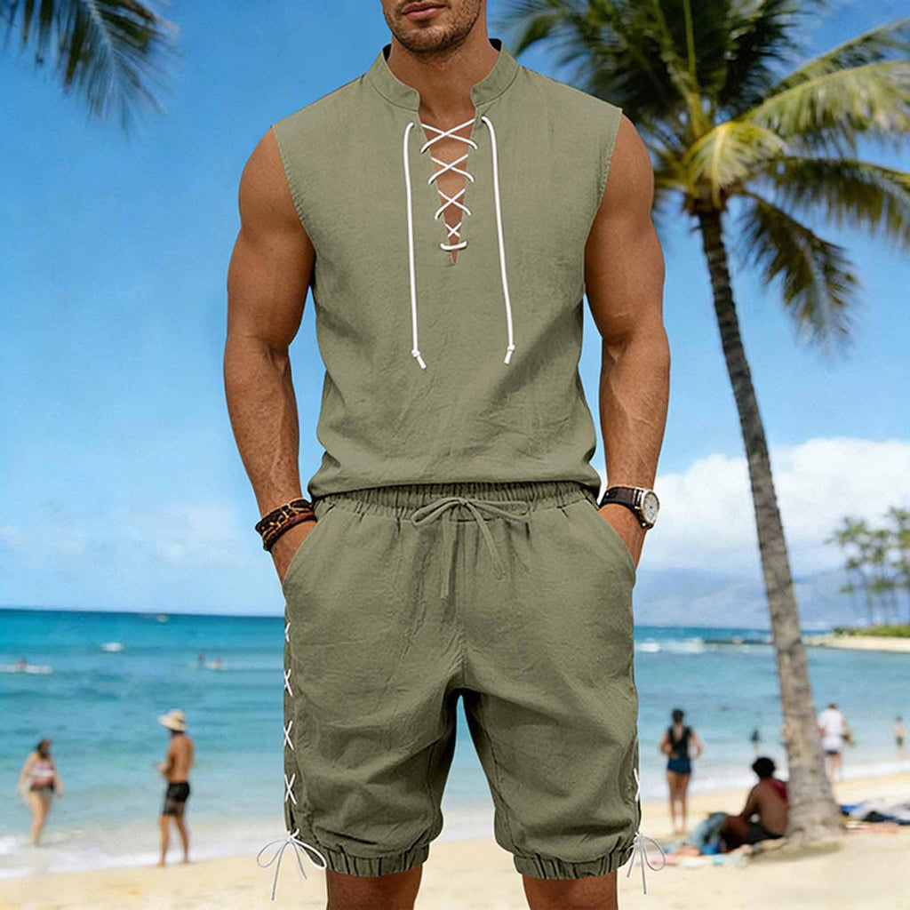 Cambkatl 2 Piece Outfits for Men Lightweight Linen Shorts Set Laceup V Neck Sleeveless Tank Top Matching Sets with Pockets