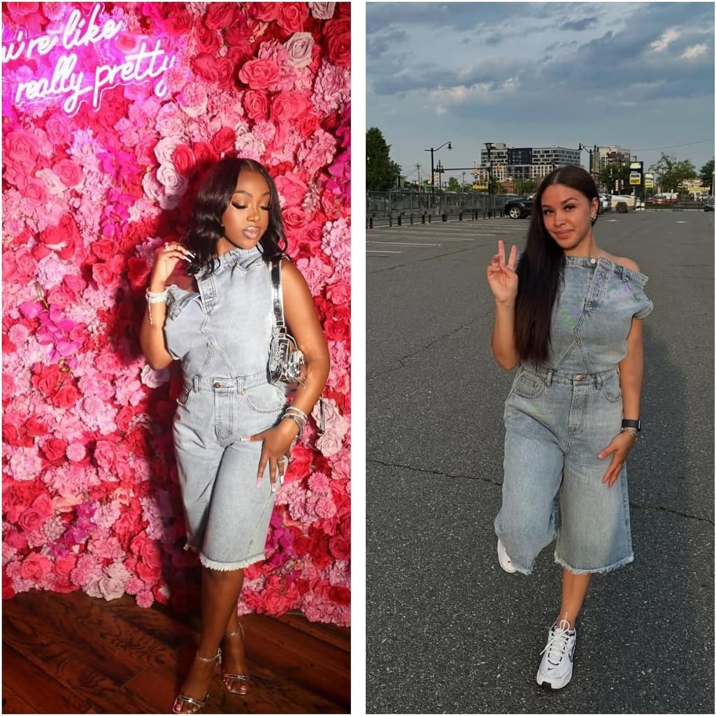 Molilove Women’s Denim Romper Sexy Off Shoulder Shorts Jean Jumpsuit Stretchy Y2K Bodycon Denim One Piece Outfits with Pocket
