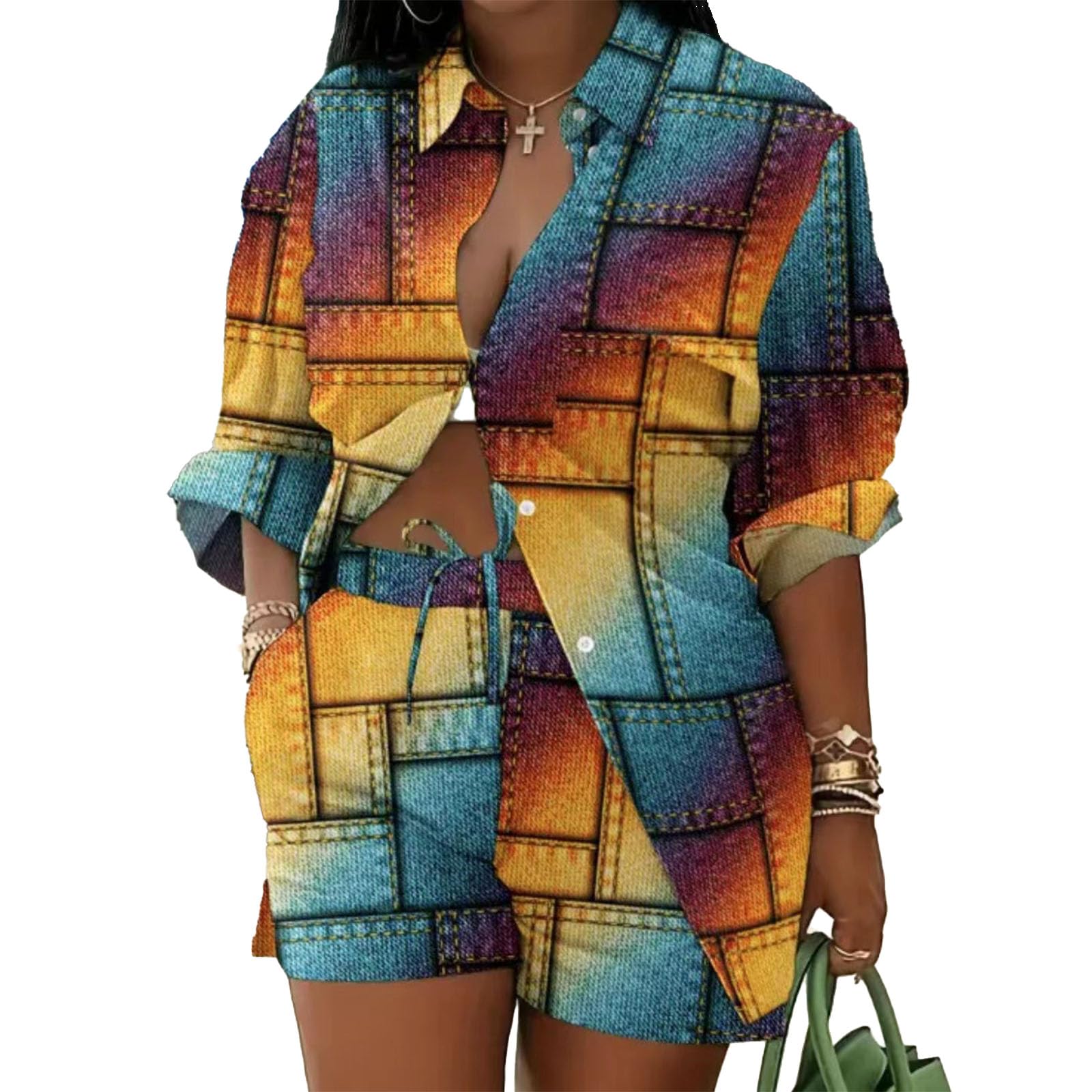 Mandonce 2 Piece Outfits for Women Long Sleeve Printed Shirt and Elastic Lace-Up Shorts with Pockets Beach Vacation Clothes