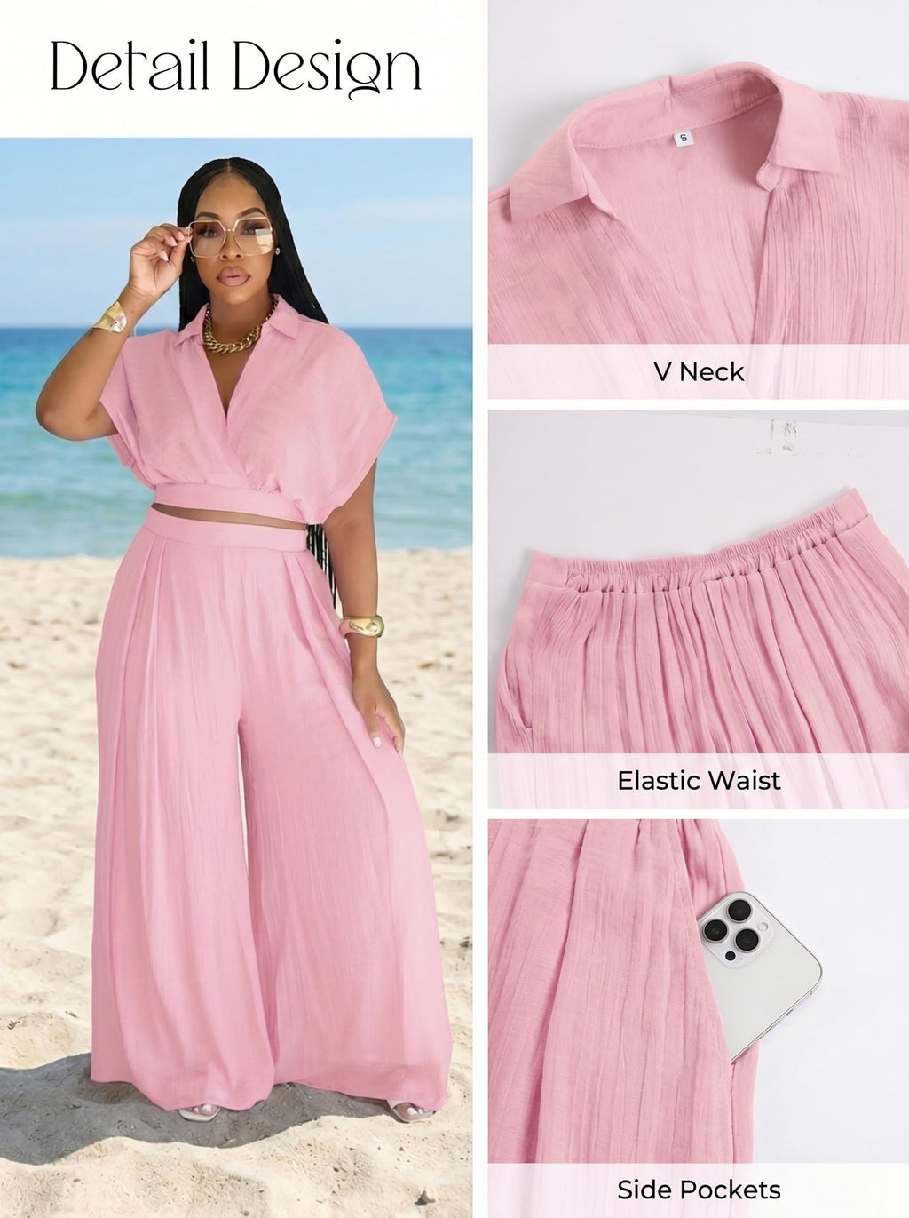 Ekaliy Women Two Piece Crop Top Flowy Wide Leg Pants Set Summer Outfits | Lightweight breathable fabric,batwing V-neck crop top,elastic waist wide leg lined pants with pockets for casual wear.