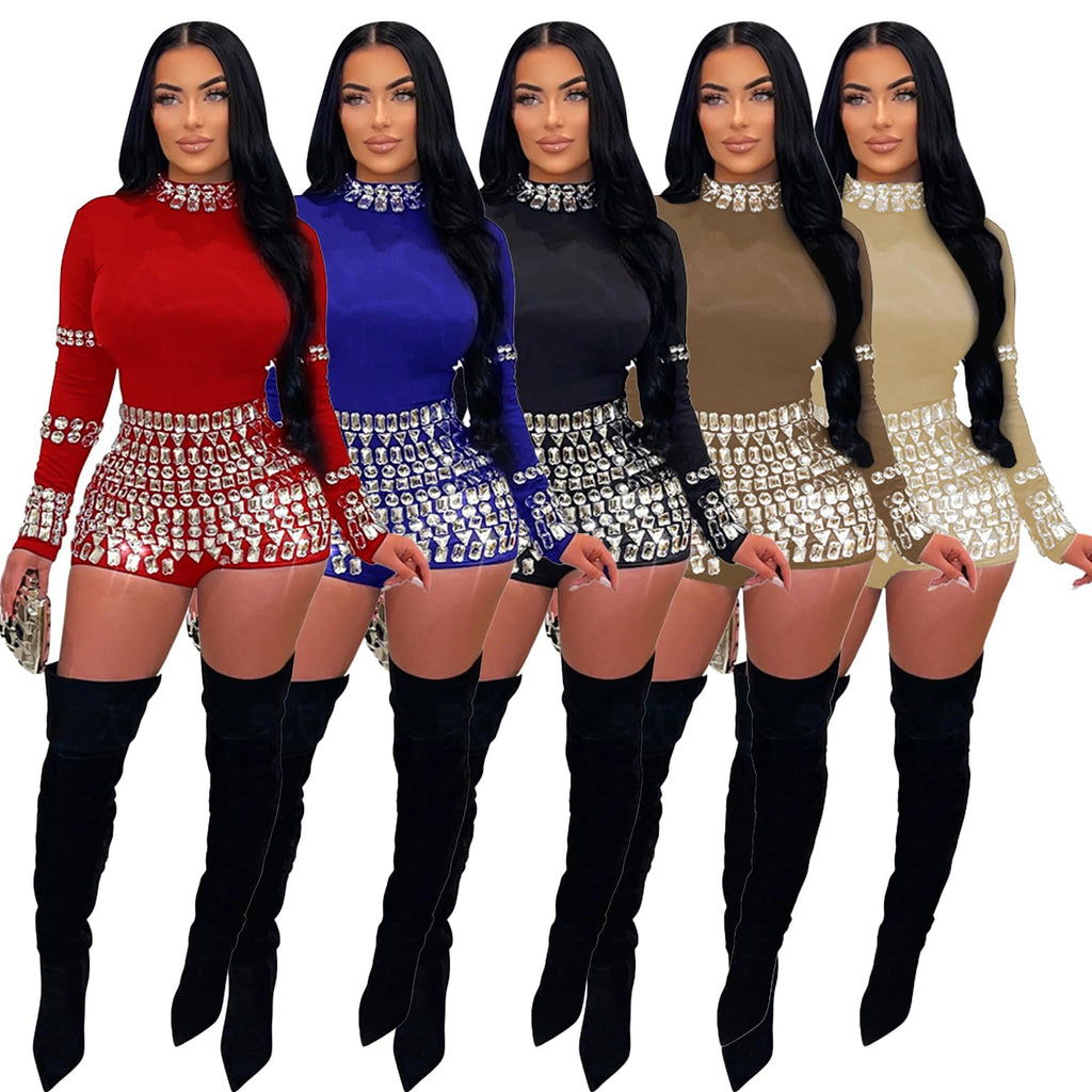 chicyes Women's Jumpsuits Sexy Long Sleeve Date Night Rompers Rhinestone Sparkly Party Club Spring Outfits Fall Concert