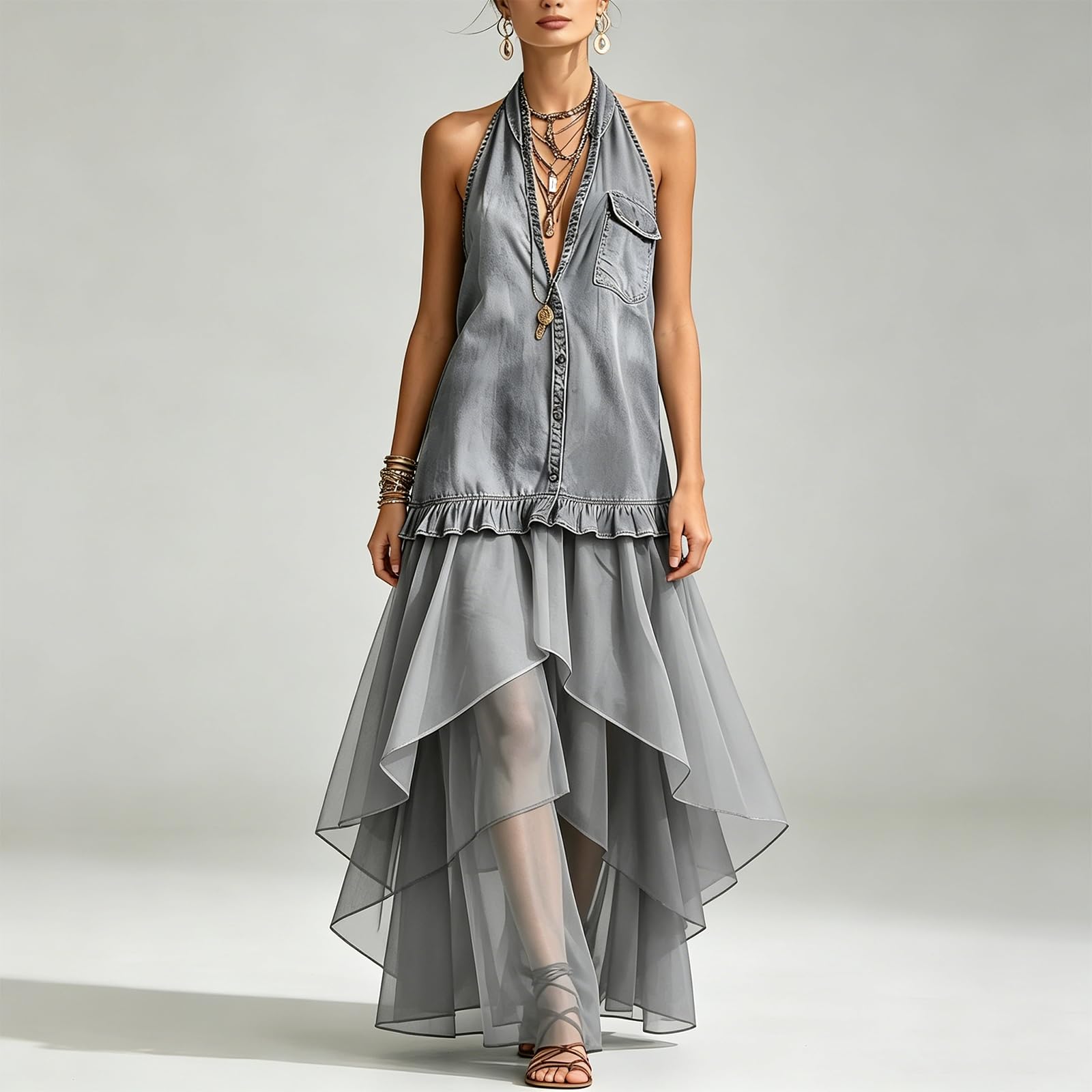 Women's Halter Denim Sleeveless Shirt Dress Mesh Patchwork Irregular High‑Low Maxi Dress Ruffled Tiered Vacation Dress