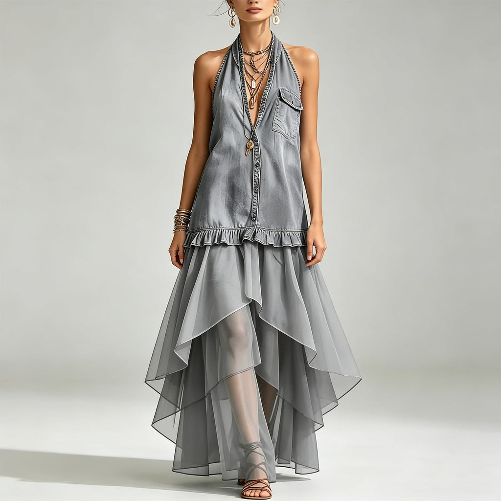 Women's Halter Denim Sleeveless Shirt Dress Mesh Patchwork Irregular High‑Low Maxi Dress Ruffled Tiered Vacation Dress