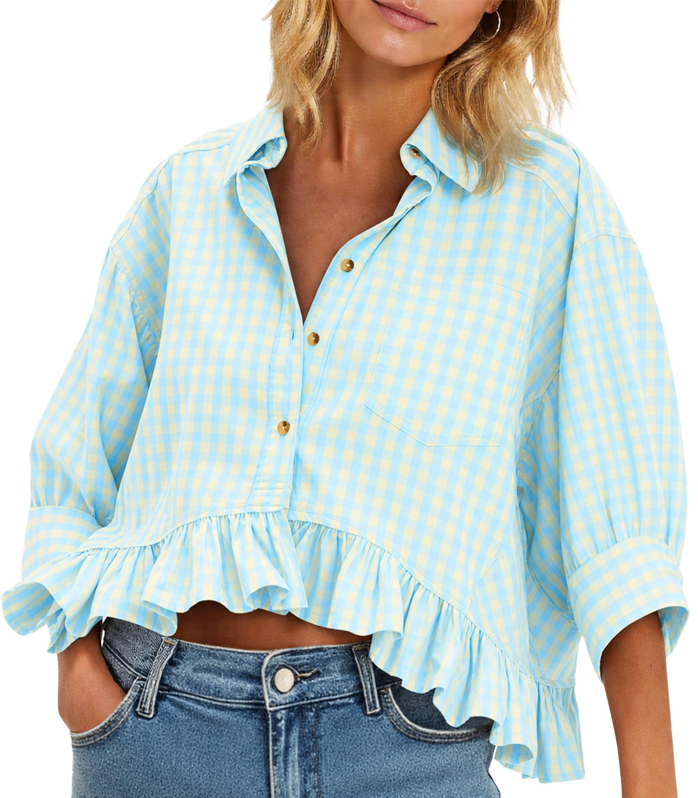 Cicy Bell Womens Cropped Striped Button Down Shirts Ruffle 3/4 Length Tops | Dressy Casual Blouses,Summer V Neck Tops,Vacation Outfits