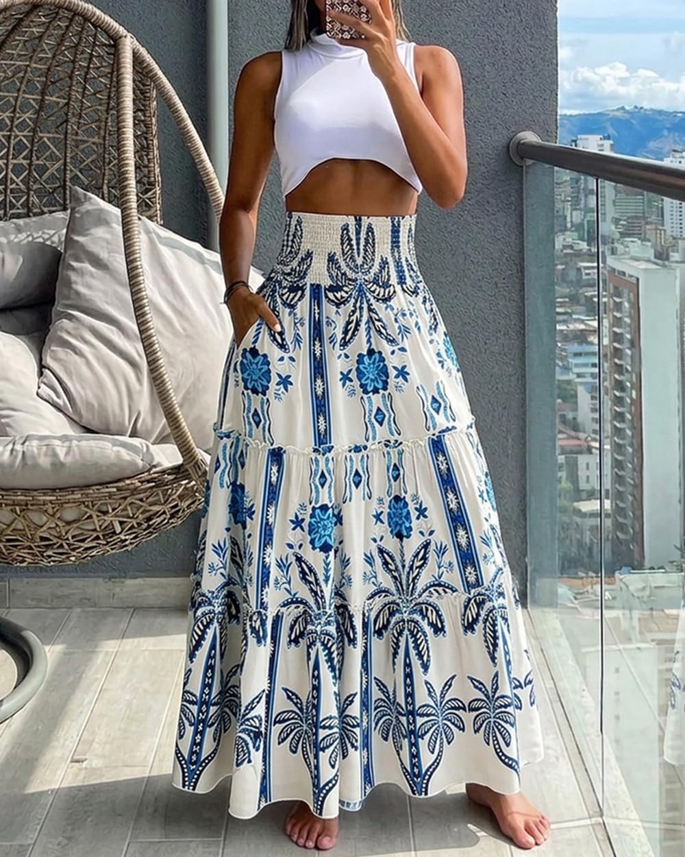 CHICME Women's Boho Floral Summer Maxi Skirt with Pockets Vacation Outfit | Shirred High Waist, Ruffle Hem, Lightweight Comfortable Fabric, A-Line Long Flowy Skirt for Beach, Travel & Daily Wear