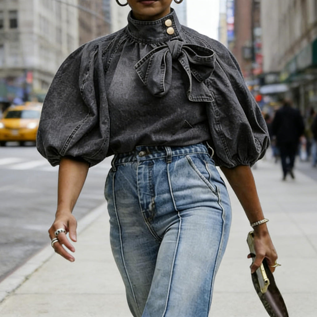 Women's Bow Design Denim Pullover Top Button Up High Neck Fashionable Jacket with Elastic and Puff Sleeves