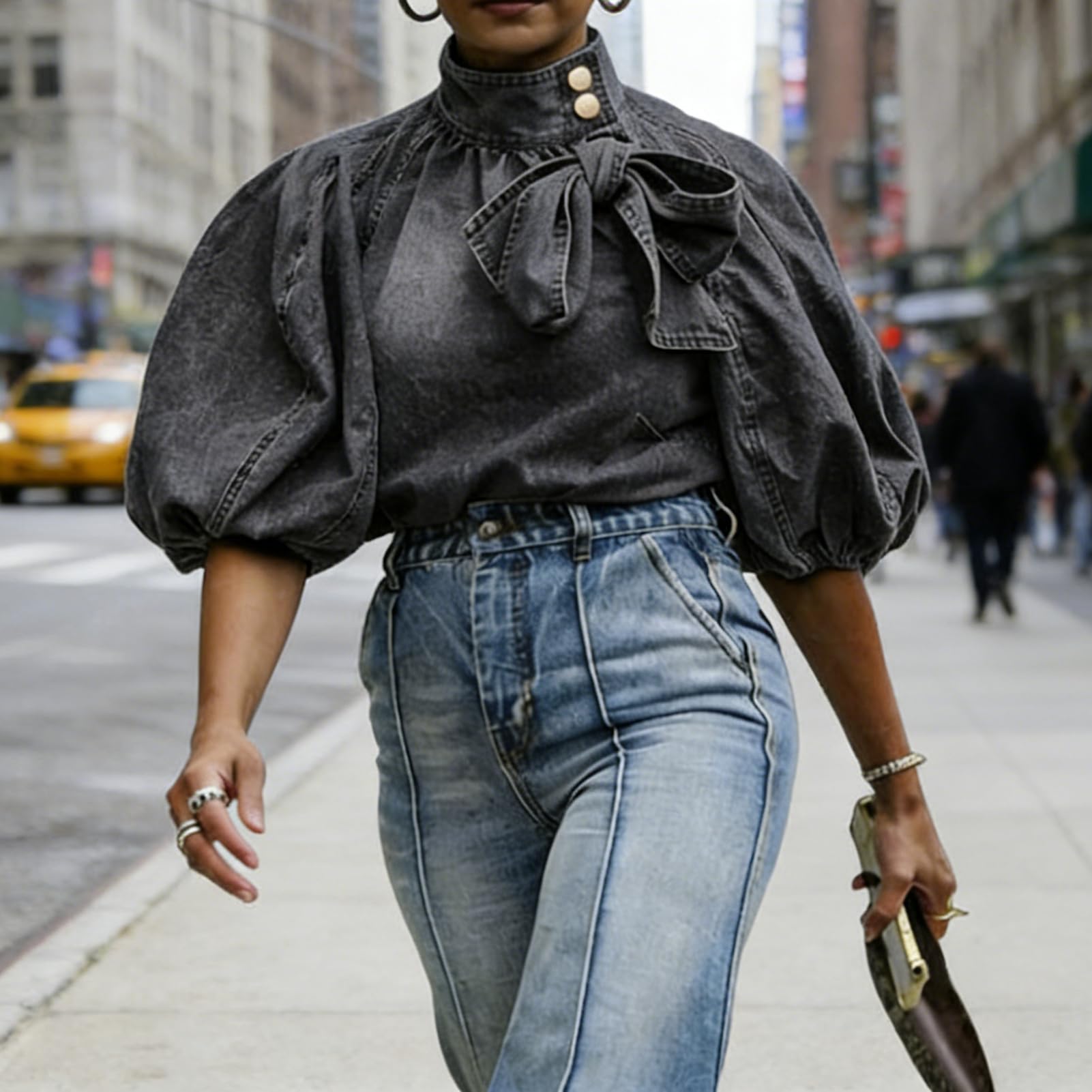 Women's Bow Design Denim Pullover Top Button Up High Neck Fashionable Jacket with Elastic and Puff Sleeves