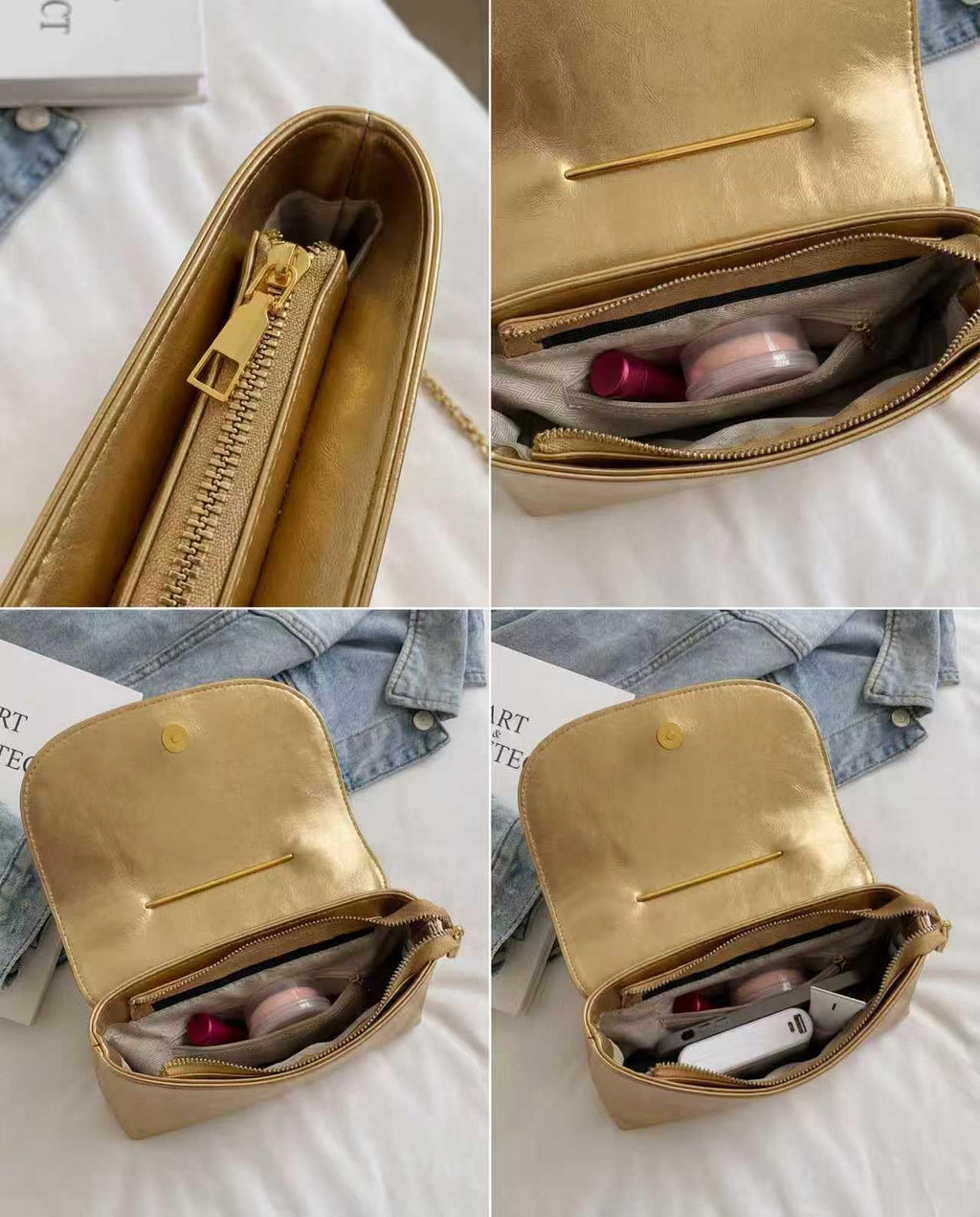 Women's Unique Safety Pin Crossbody Purse | Leather Clutch Bag Gold Handles Chain novelty clutch